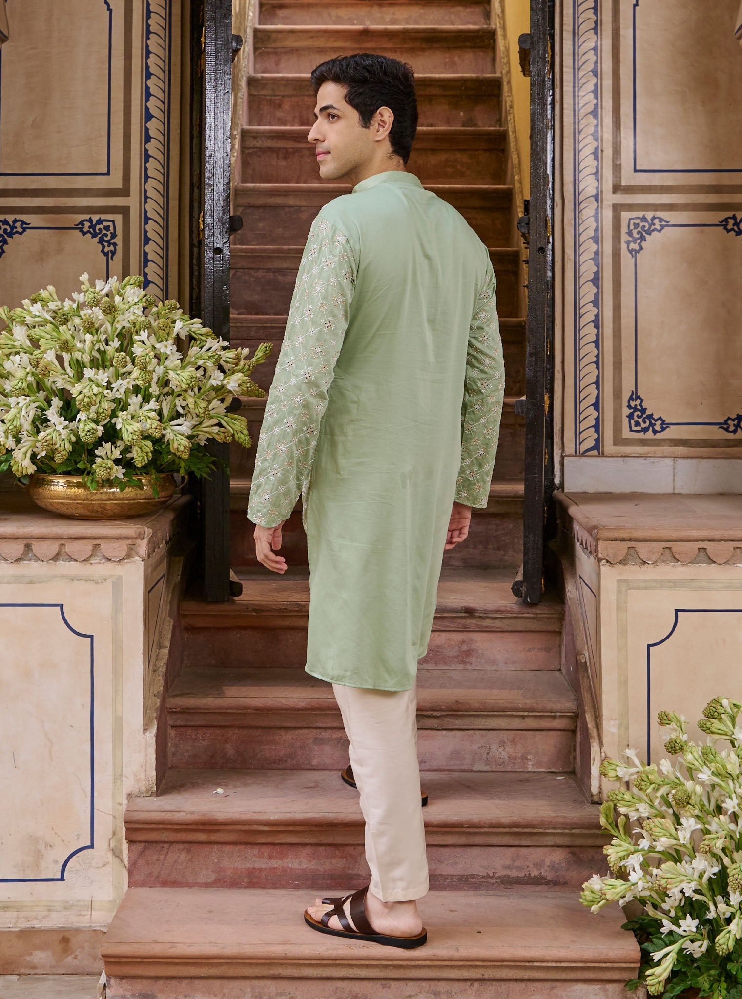 Mulmul Pima Satin Shava Sage Green Men Kurta with Mulmul Pima Satin Shava Off White Pyajama