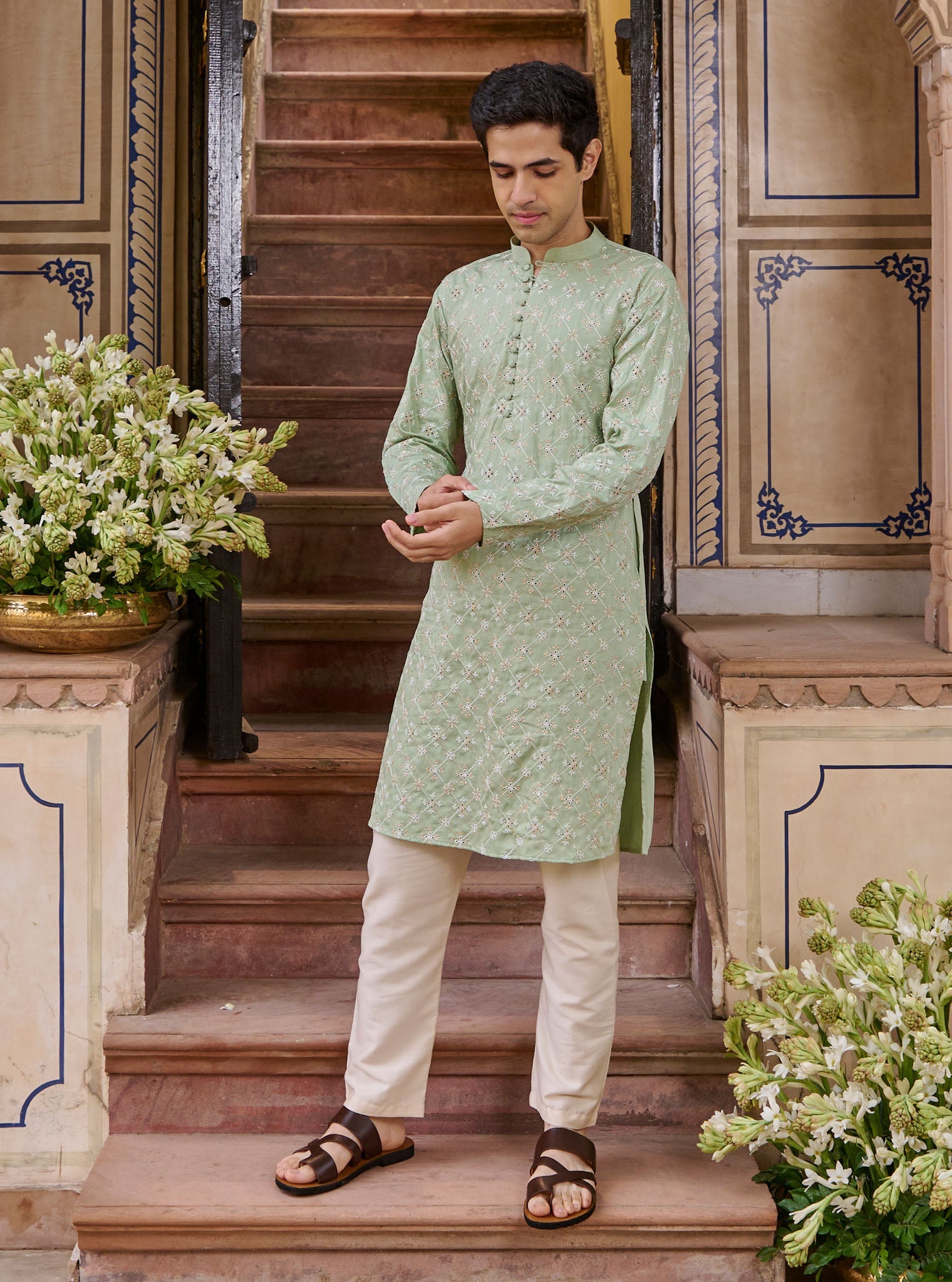 Mulmul Pima Satin Shava Sage Green Men Kurta with Mulmul Pima Satin Shava Off White Pyajama