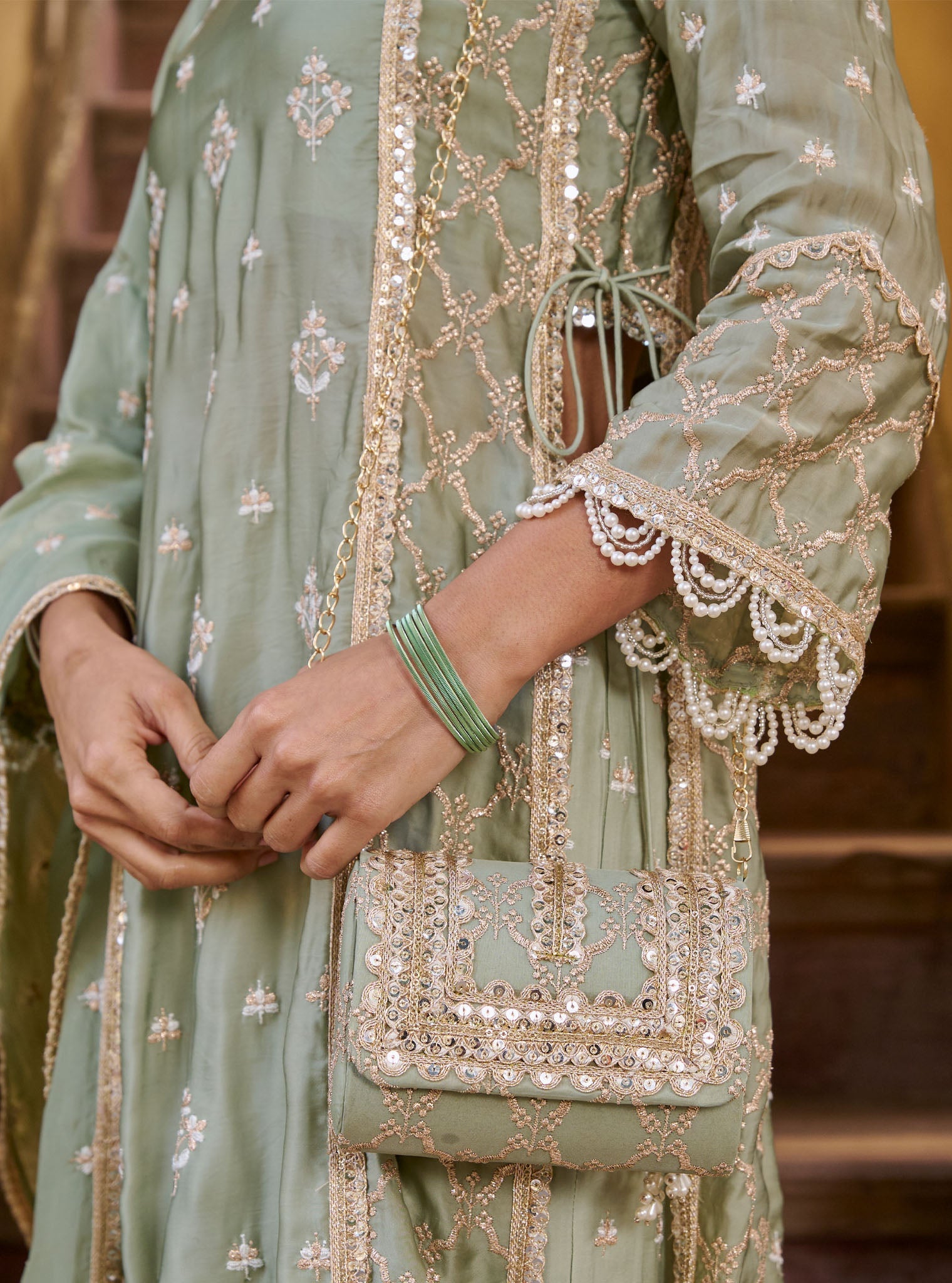 Mulmul Organza Satin Kundmayi Sage Green Kurta with Mulmul Modal Satin Kudmayi Sage Green pallazo