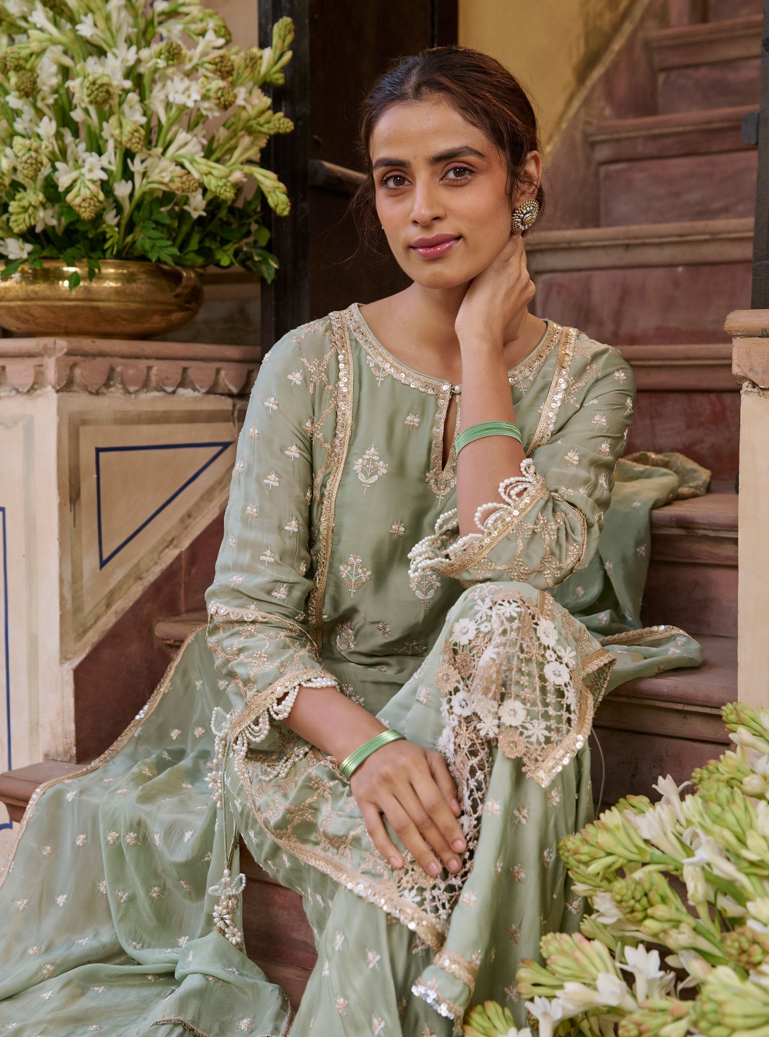 Mulmul Organza Satin Kundmayi Sage Green Kurta with Mulmul Modal Satin Kudmayi Sage Green pallazo