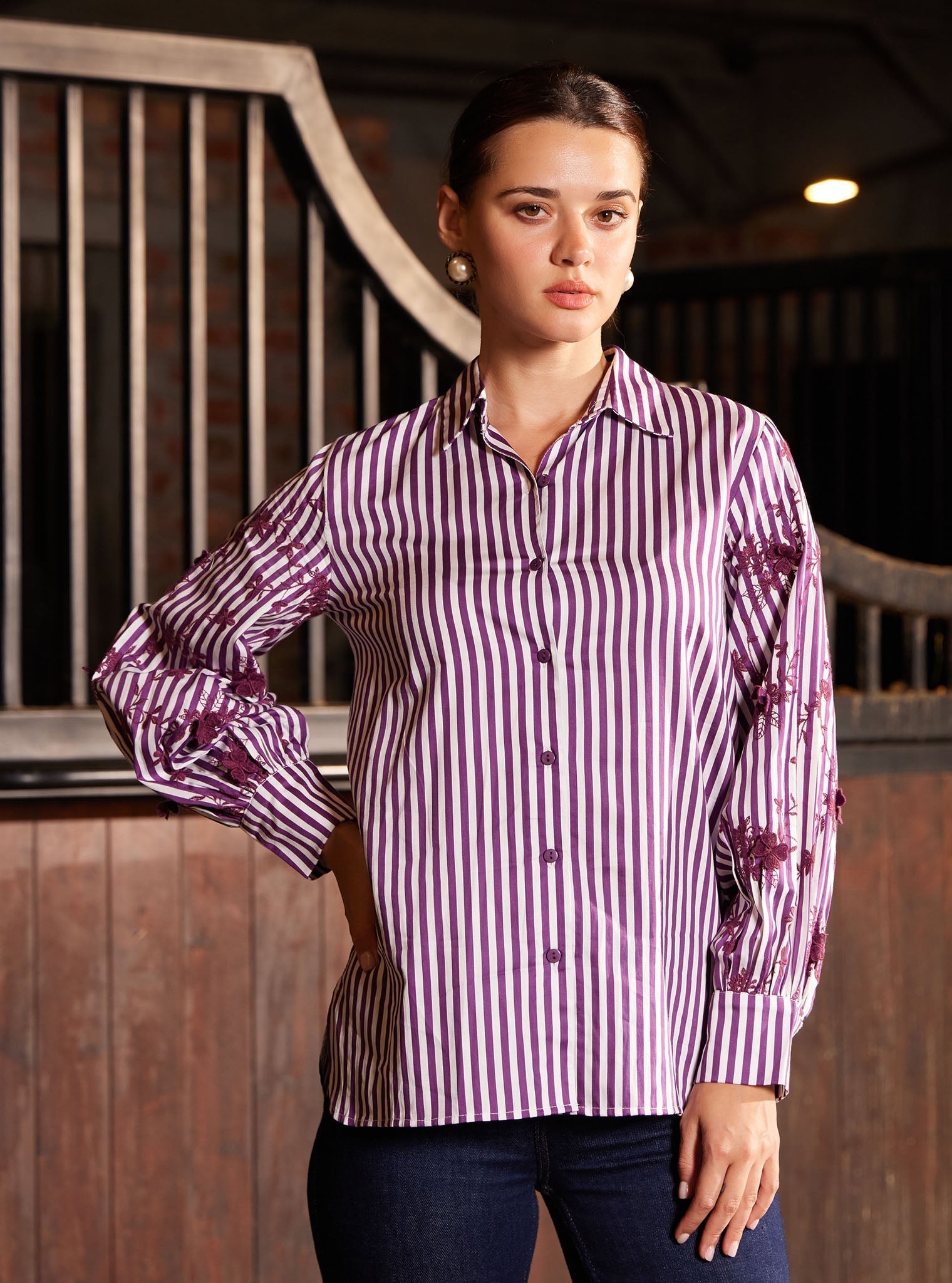 Mulmul Pima Stripe Printed Astraea Purple Shirt