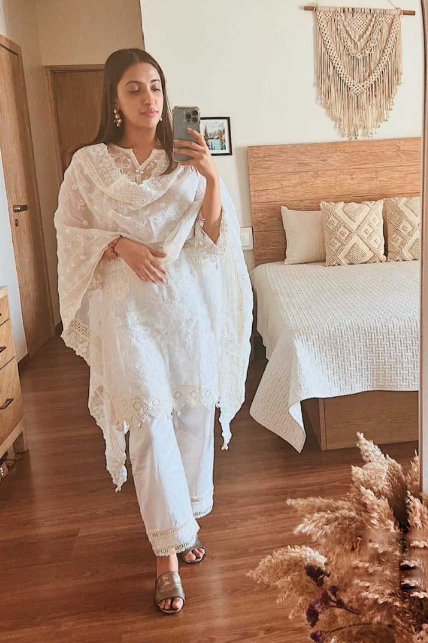 Mulmul Tencel Luxe Organza Maisy Off White Kurta With Pima Cotton Maisy Off White Pant