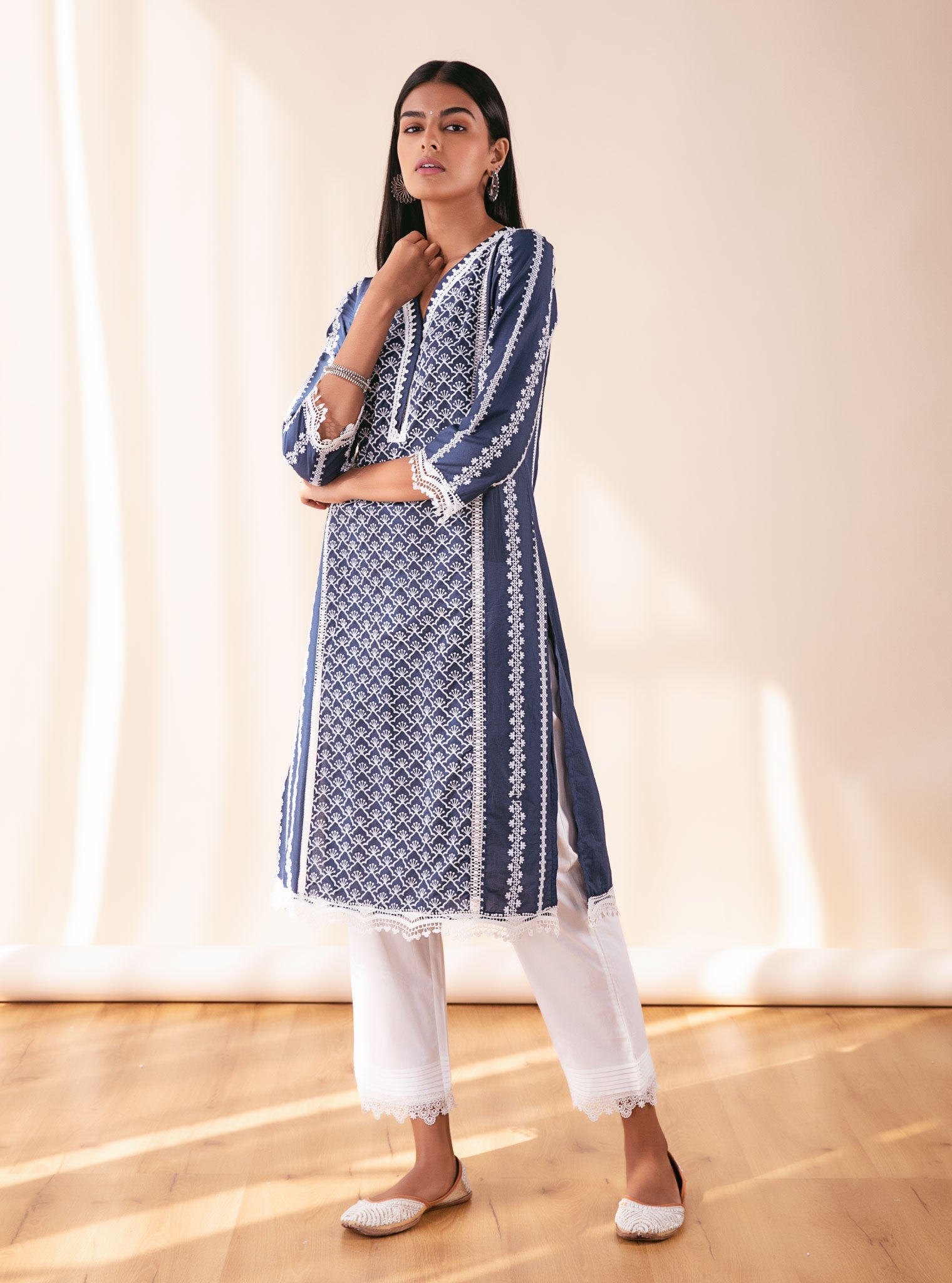 Mulmul Cotton Zora Navy Kurta With Thin Pintuck Pyajama