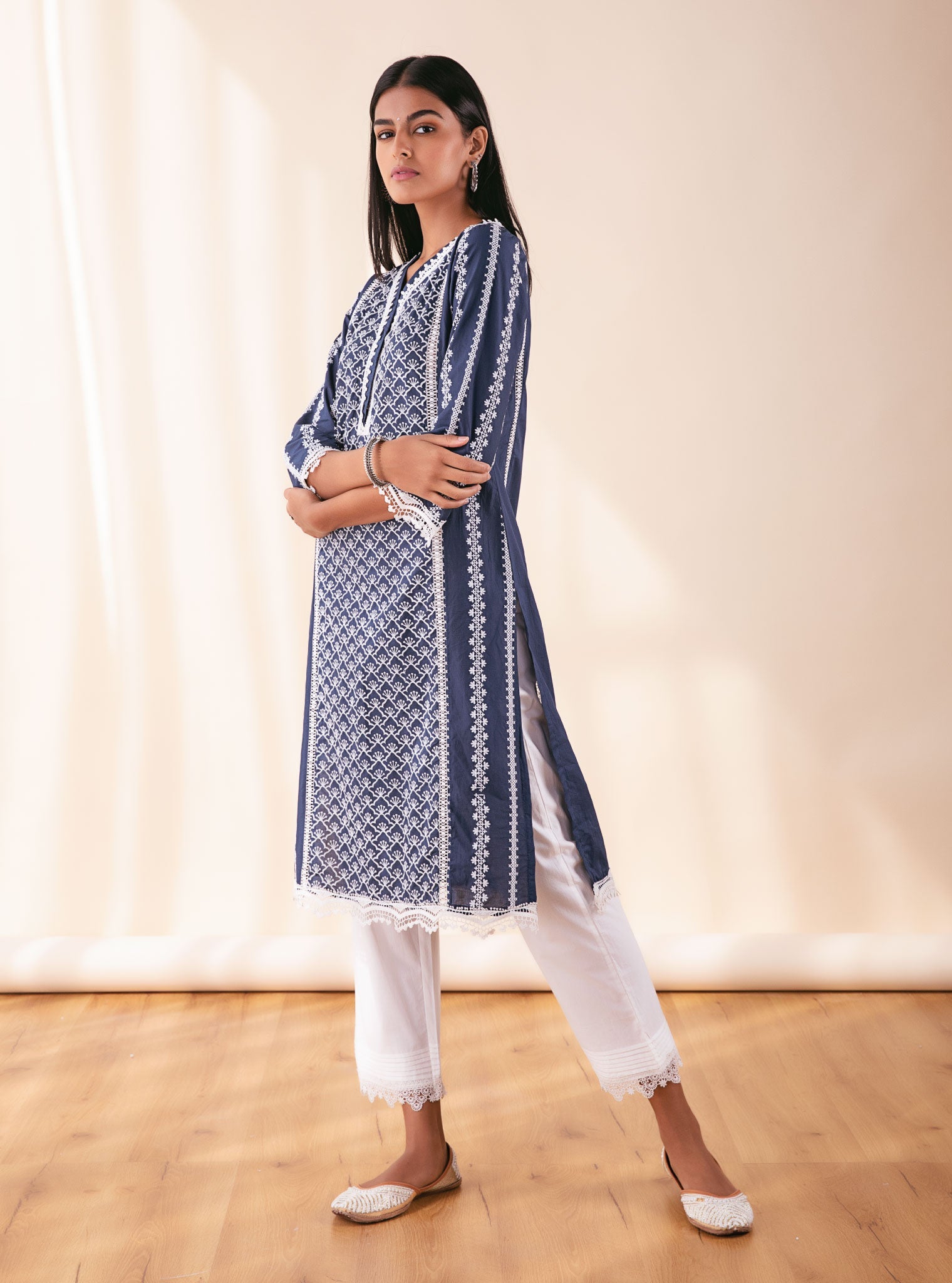 Mulmul Cotton Zora Navy Kurta