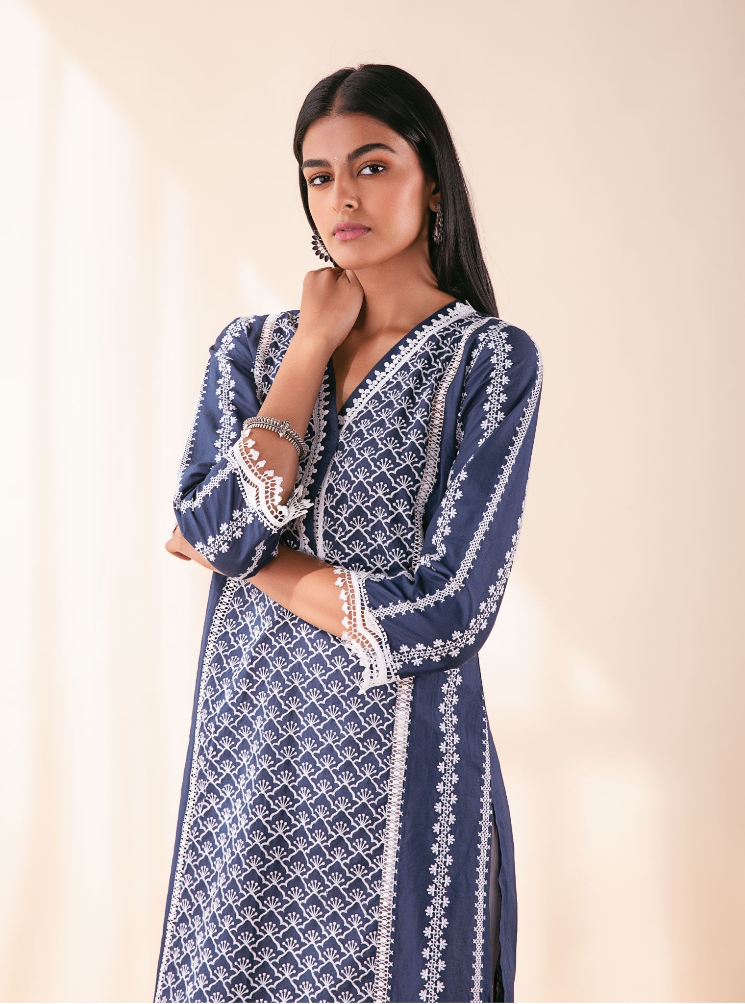 Mulmul Cotton Zora Navy Kurta With Thin Pintuck Pyajama