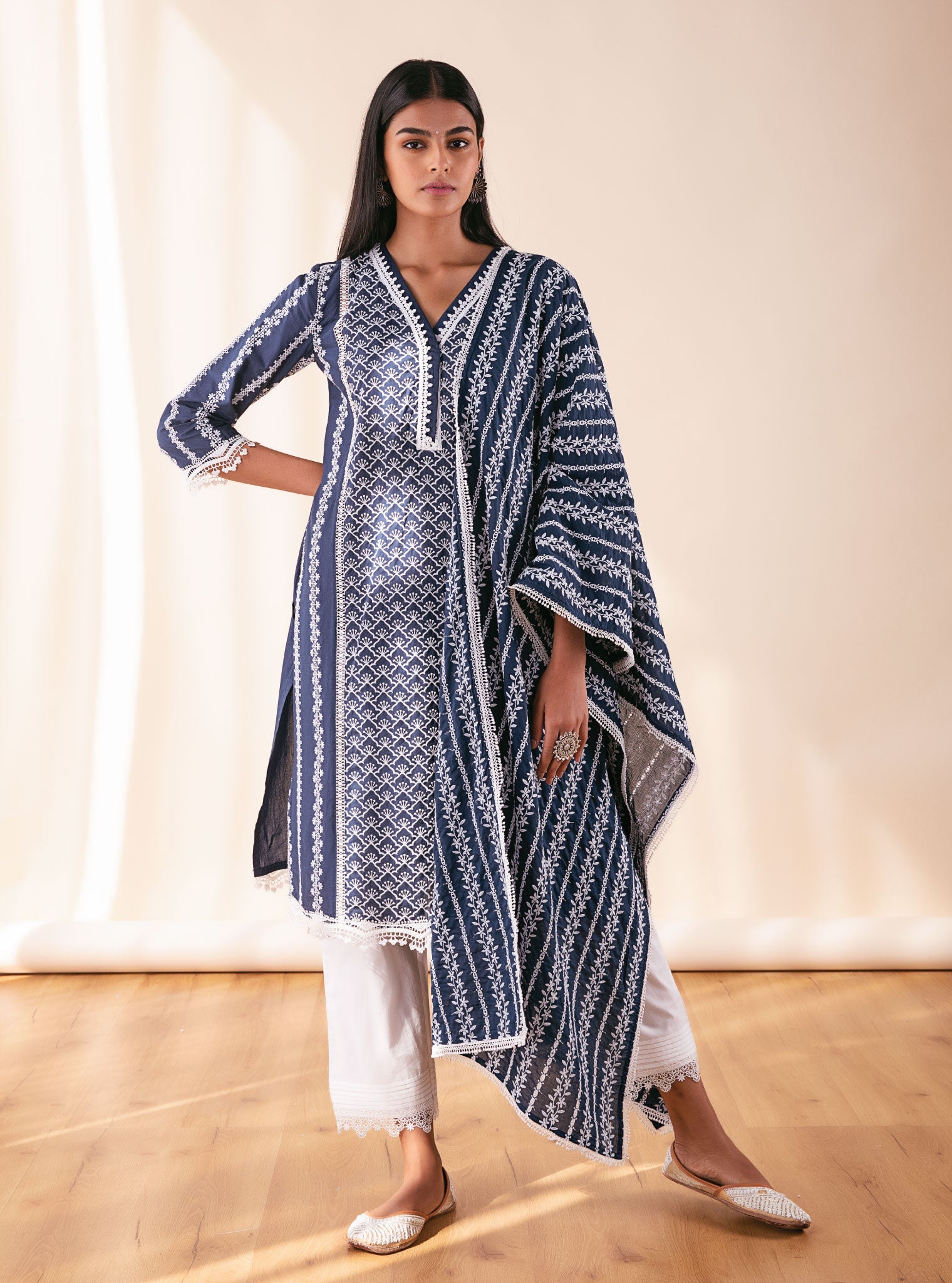 Mulmul Cotton Zora Navy Kurta With Thin Pintuck Pyajama