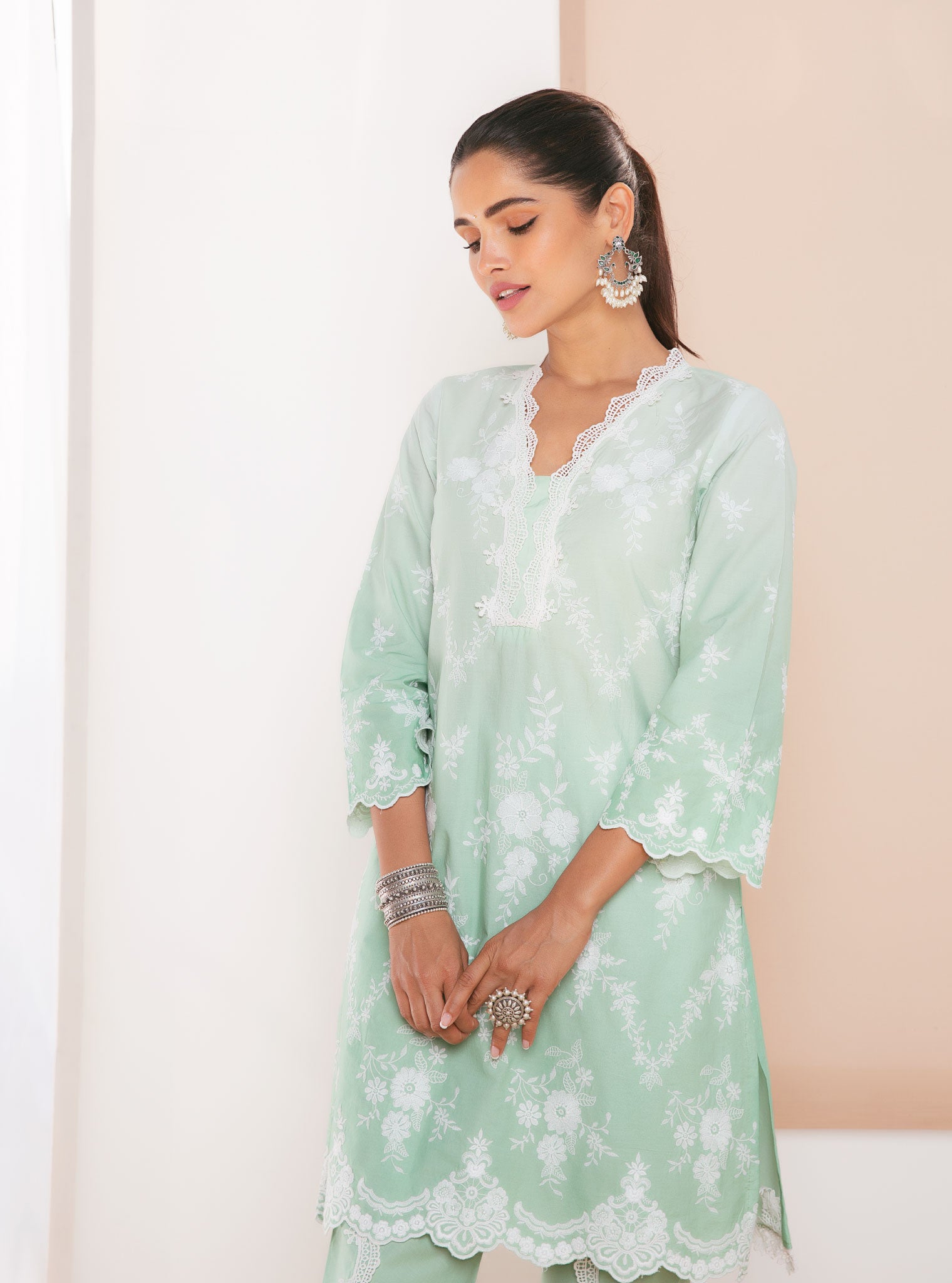 Mulmul Cotton Atrai Green Kurta With Atrai Green Dhoti Pant