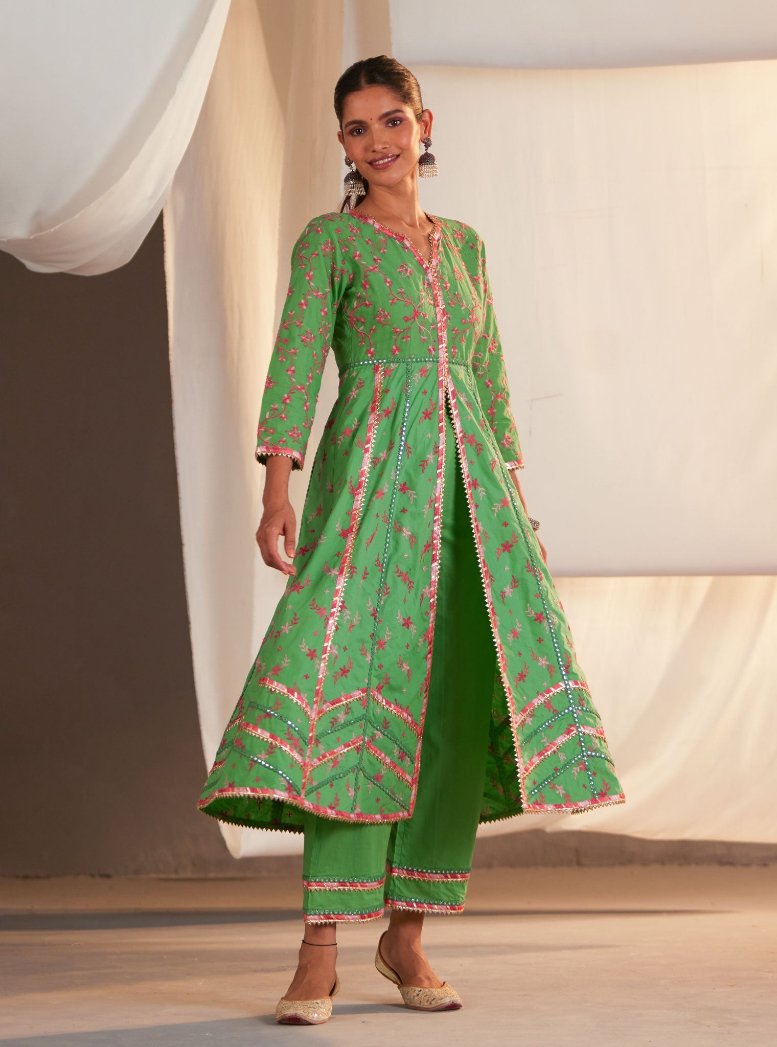 Mulmul Cotton Ayla Anarkali Green Kurta With Ayla Green Pant