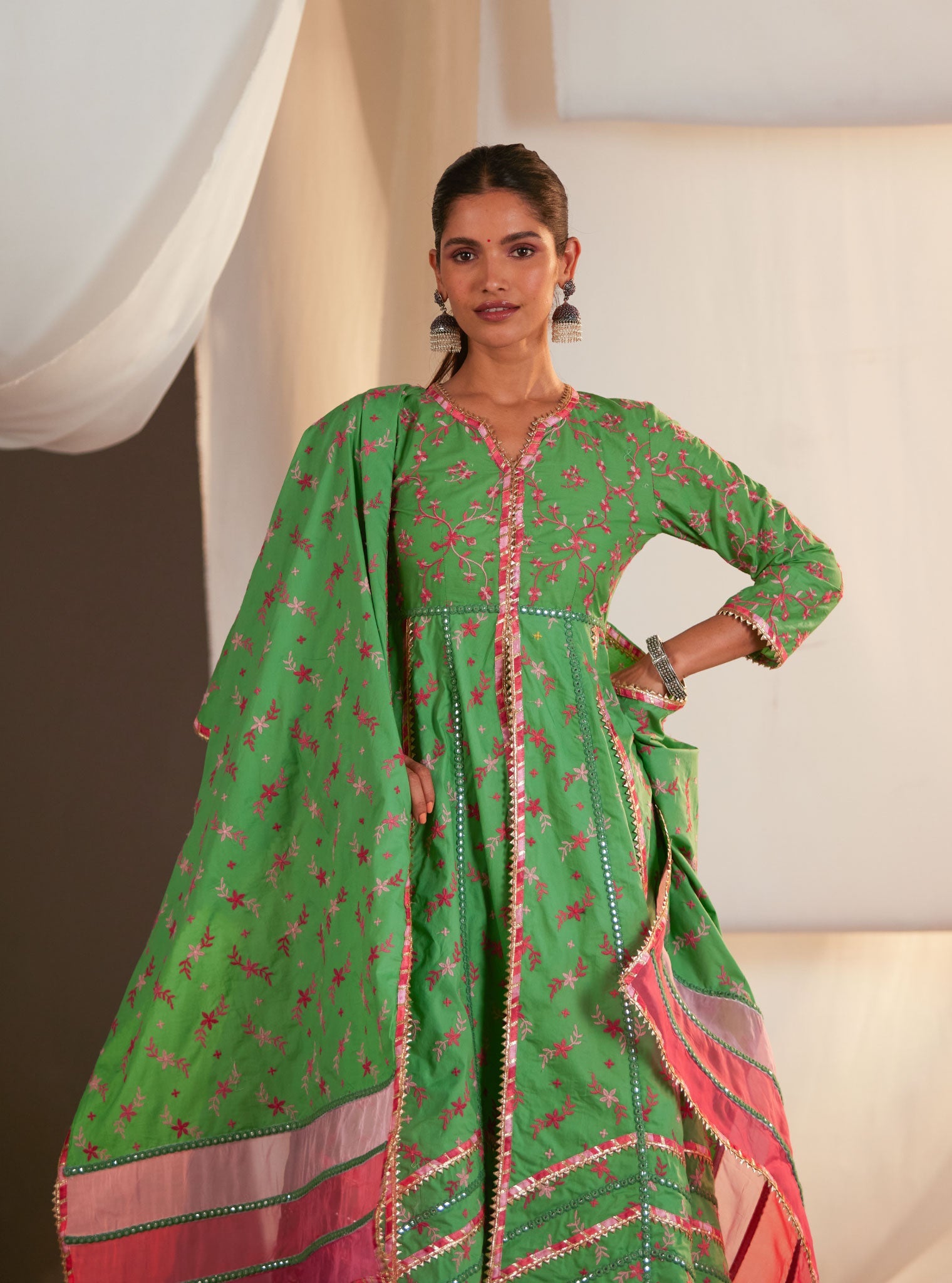 Mulmul Cotton Ayla Anarkali Green Kurta With Ayla Green Pant