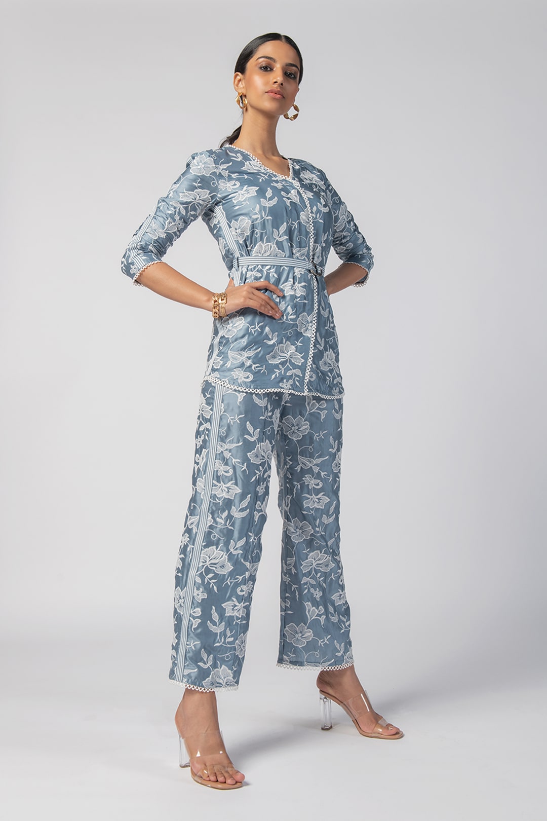 Mulmul Cupro Caroline Blue Top With Caroline Blue Pant Co-Ord Set