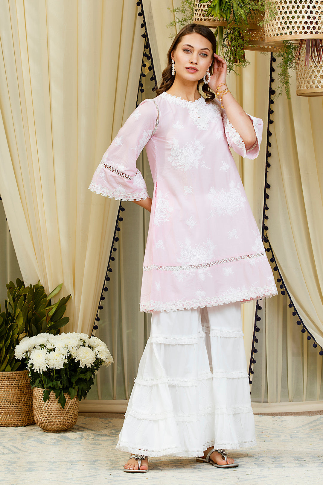 Mulmul Sunflower Pink Kurta With Garara