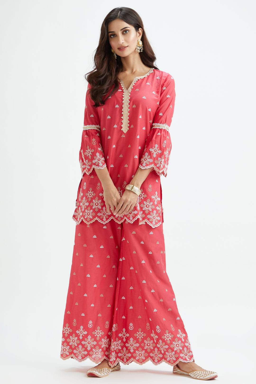 Mulmul Cotton Dove Red Kurta With Dove Red Sharara