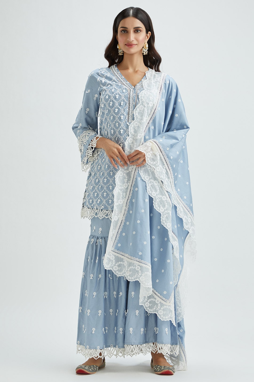 Mulmul Supima Satin Hayes Wedgewood Kurta With Hayes Wedgewood Pant