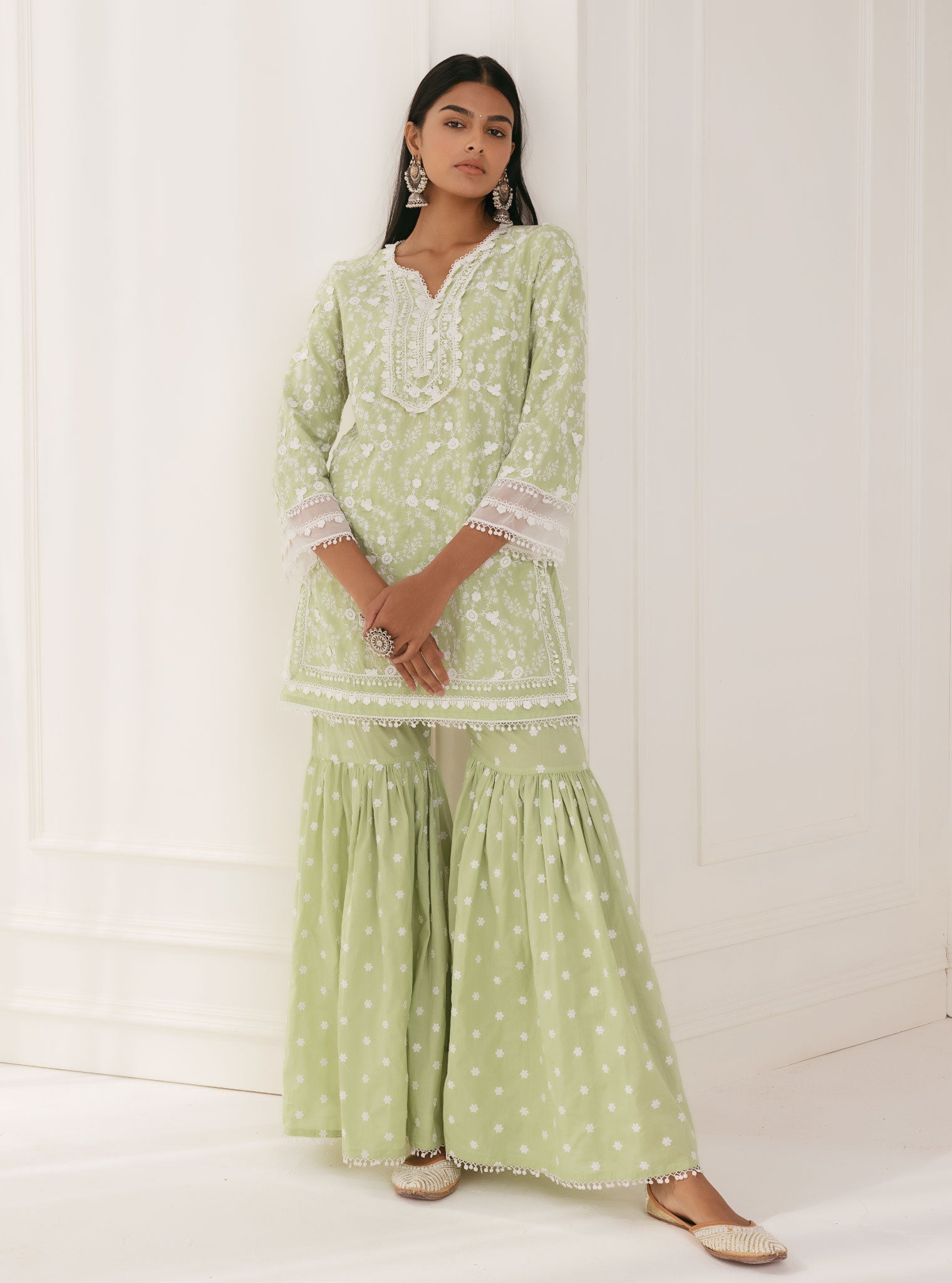 Mulmul Cotton Kanji Green Kurta With Kanji Green Garara