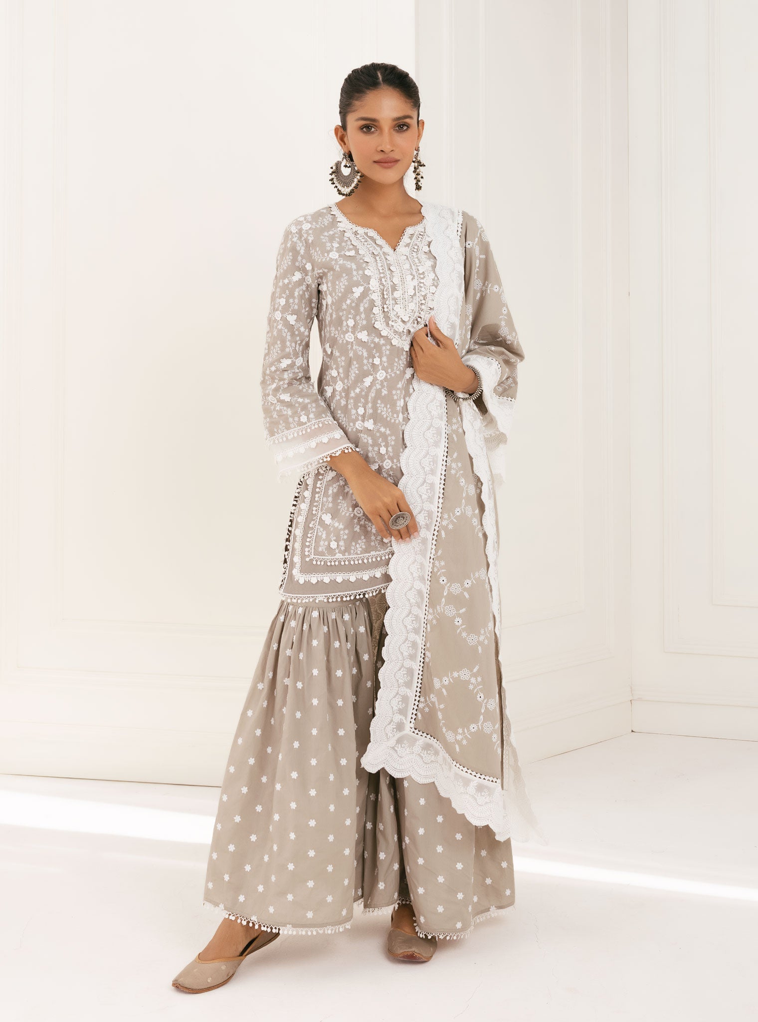 Mulmul Cotton Kanji Grey Kurta With Kanji Grey Garara