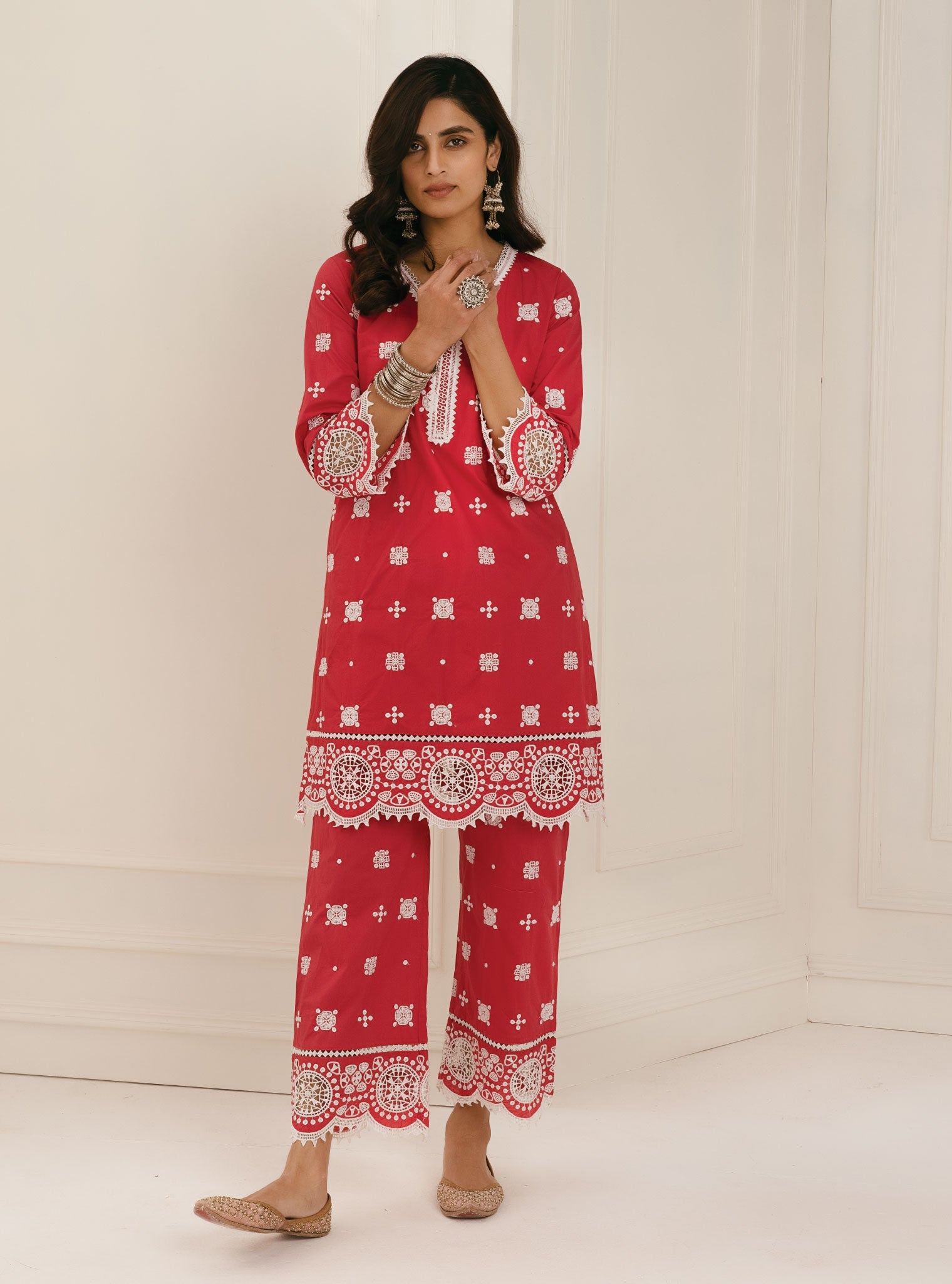 Mulmul Cotton Leh Red Kurta With Leh Red Palazzo