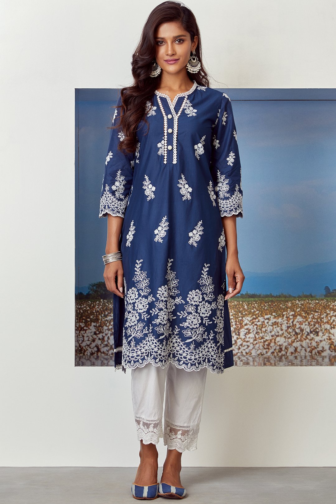 Mulmul Cotton Moon Light Navy Kurta With Floral Organza Pyajama White