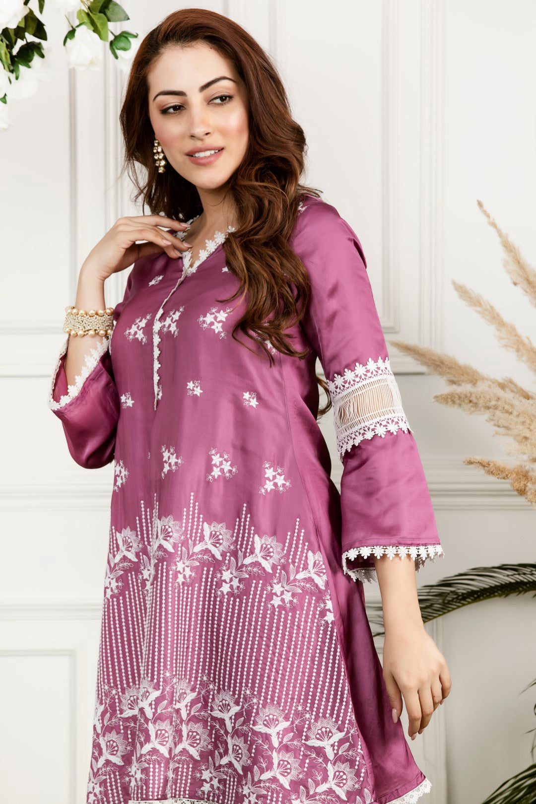 Mulmul Rosemallow Kurta With Front Pleated Pyjamas