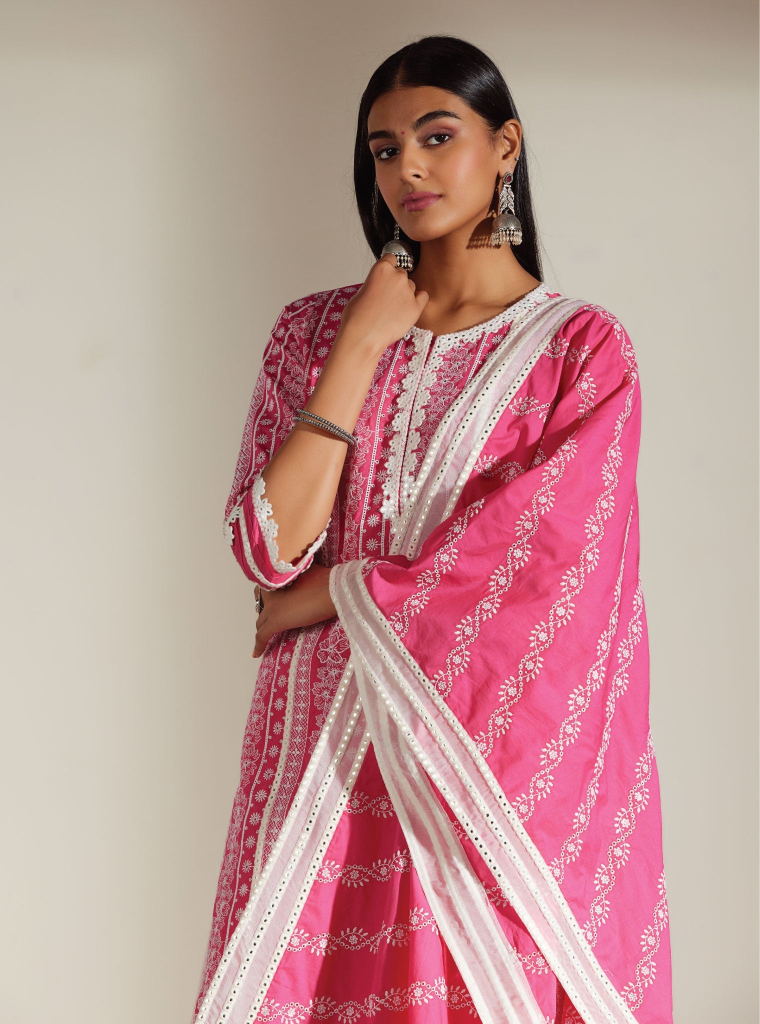 Mulmul Cotton Patricia Pink Kurta with Mulmul Cotton Mirror Gota White Pant