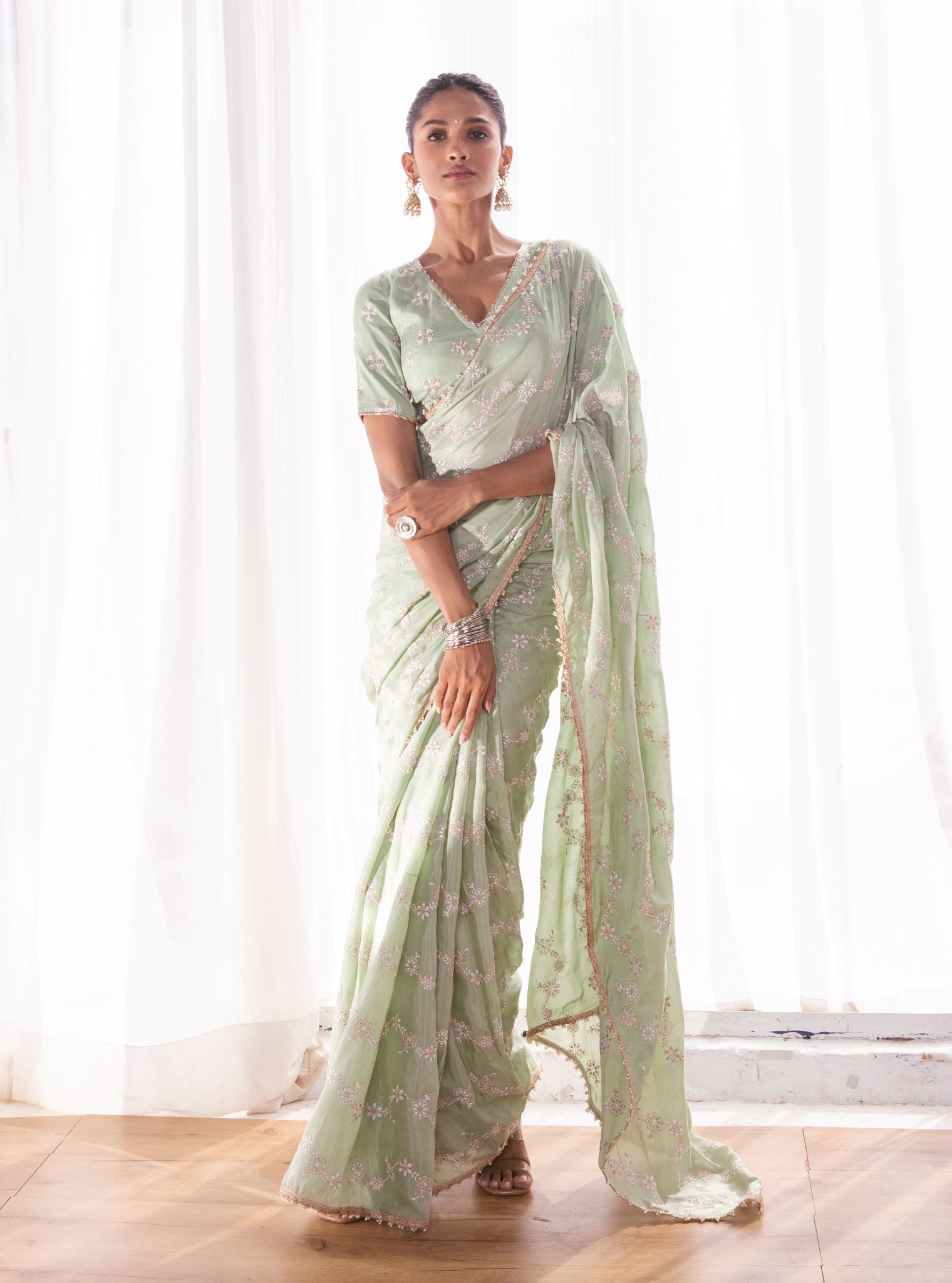 Mulmul Japanese Silk Pelling Green Saree