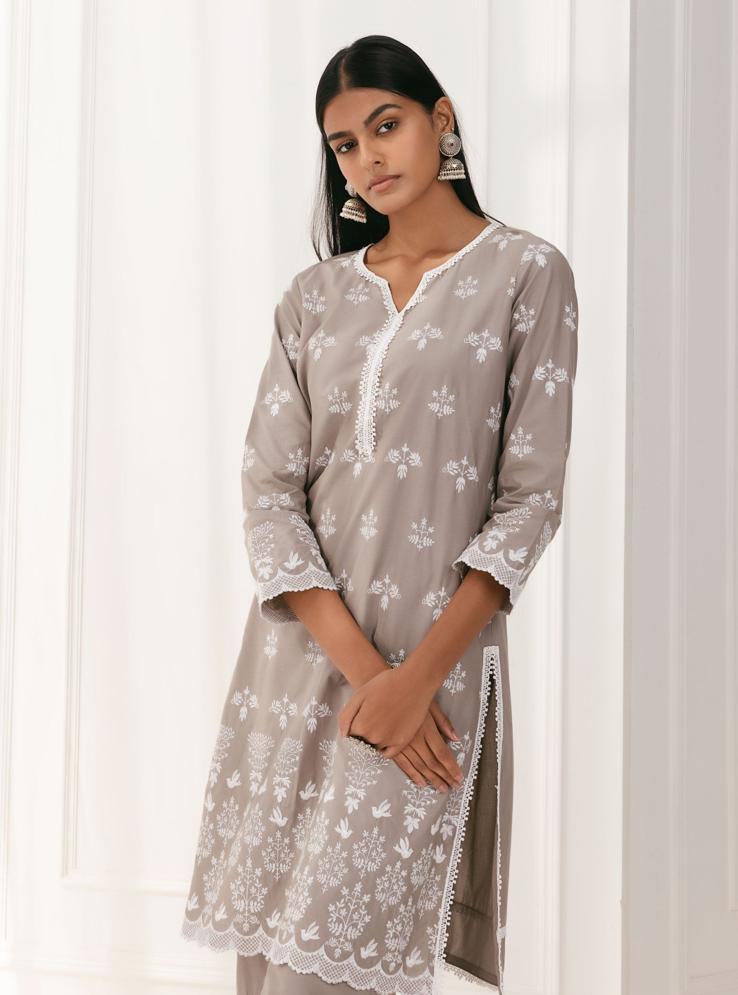 Mulmul Cotton Prini Grey Kurta With Prini Grey Palazzo