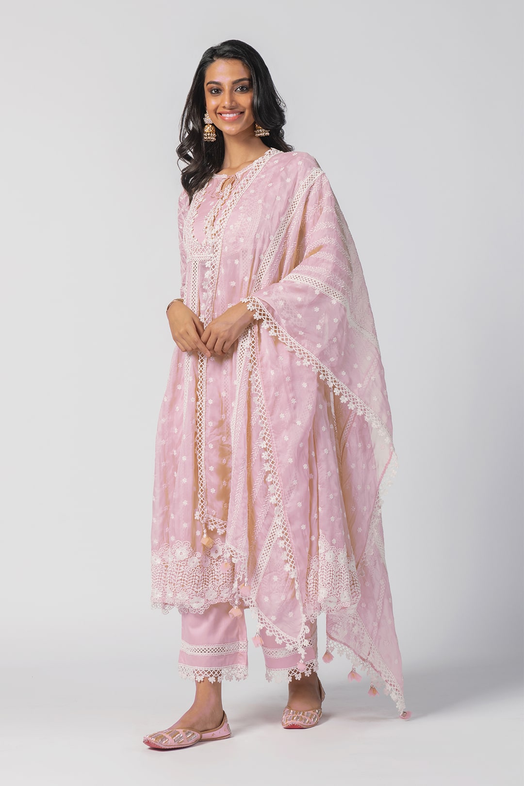 Mulmul Tencel Luxe Organza Valerie Pink Kurta With Supima Cotton Valerie Pink Pant