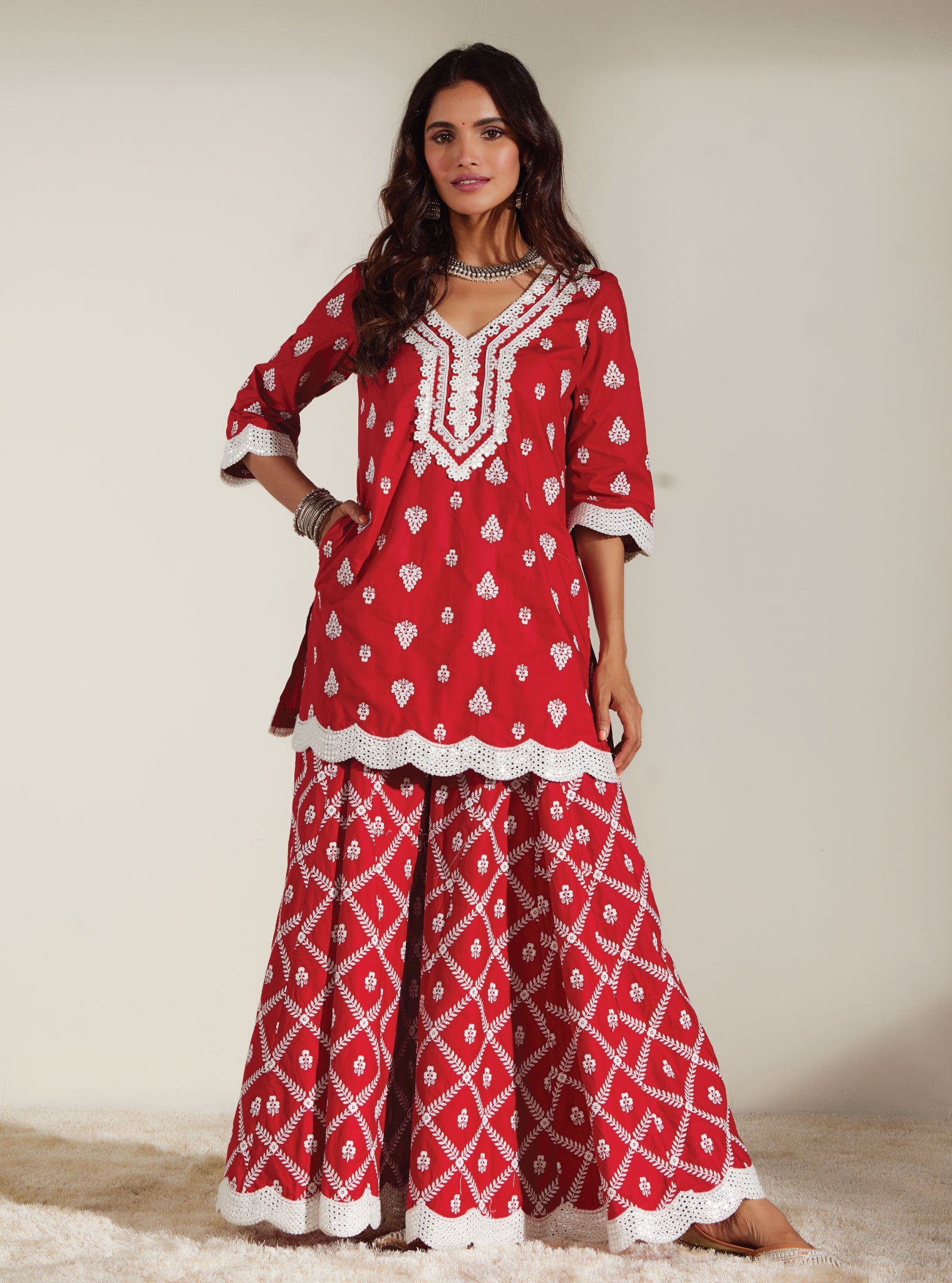 Mulmul Cotton Zoriana Red Kurta With Zoriana Red Sharara