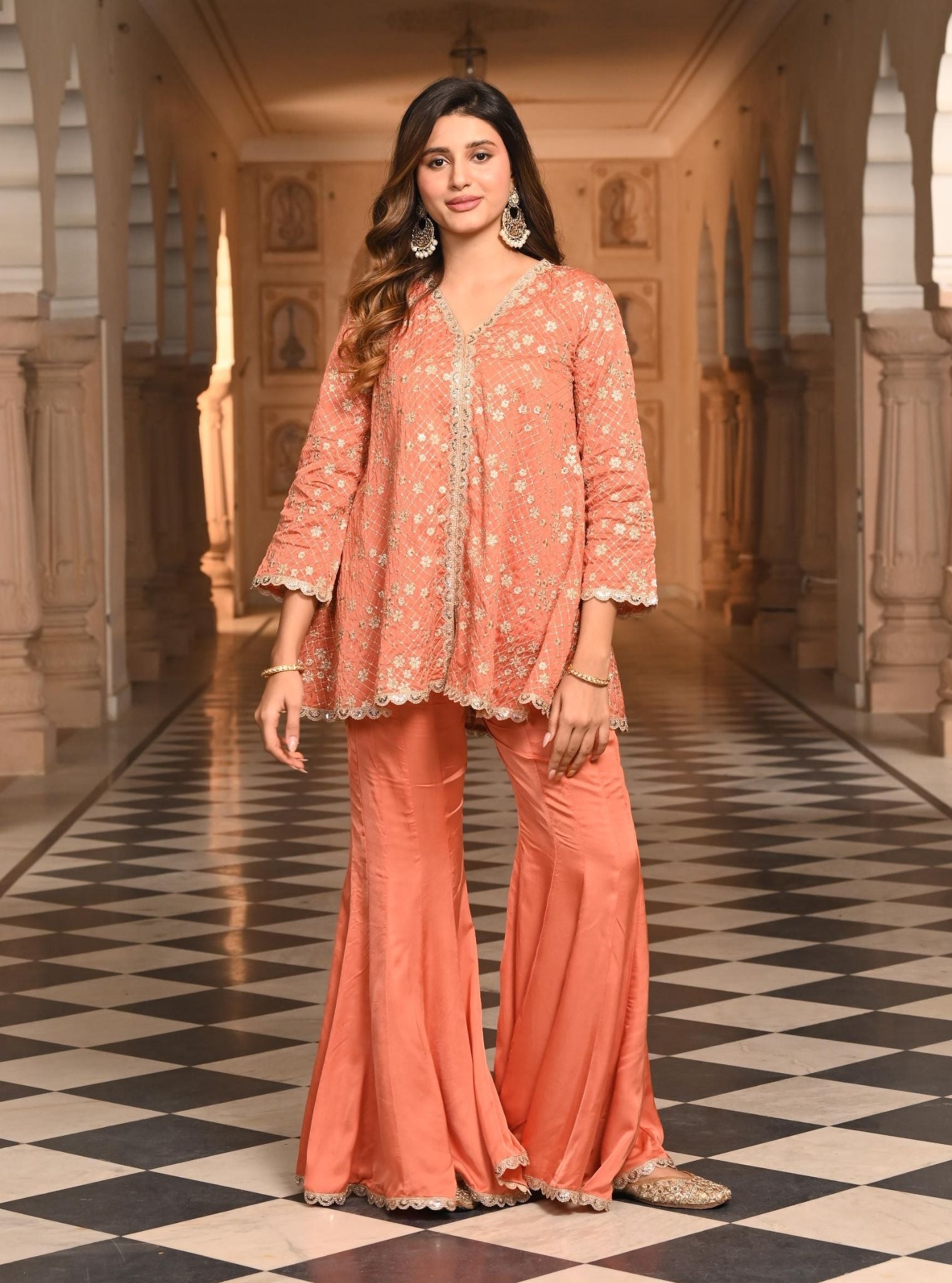 Mulmul Organza Satin Afreen Burnt Orange Top with Mulmul Modal Satin Afreen Burnt Orange Sharara