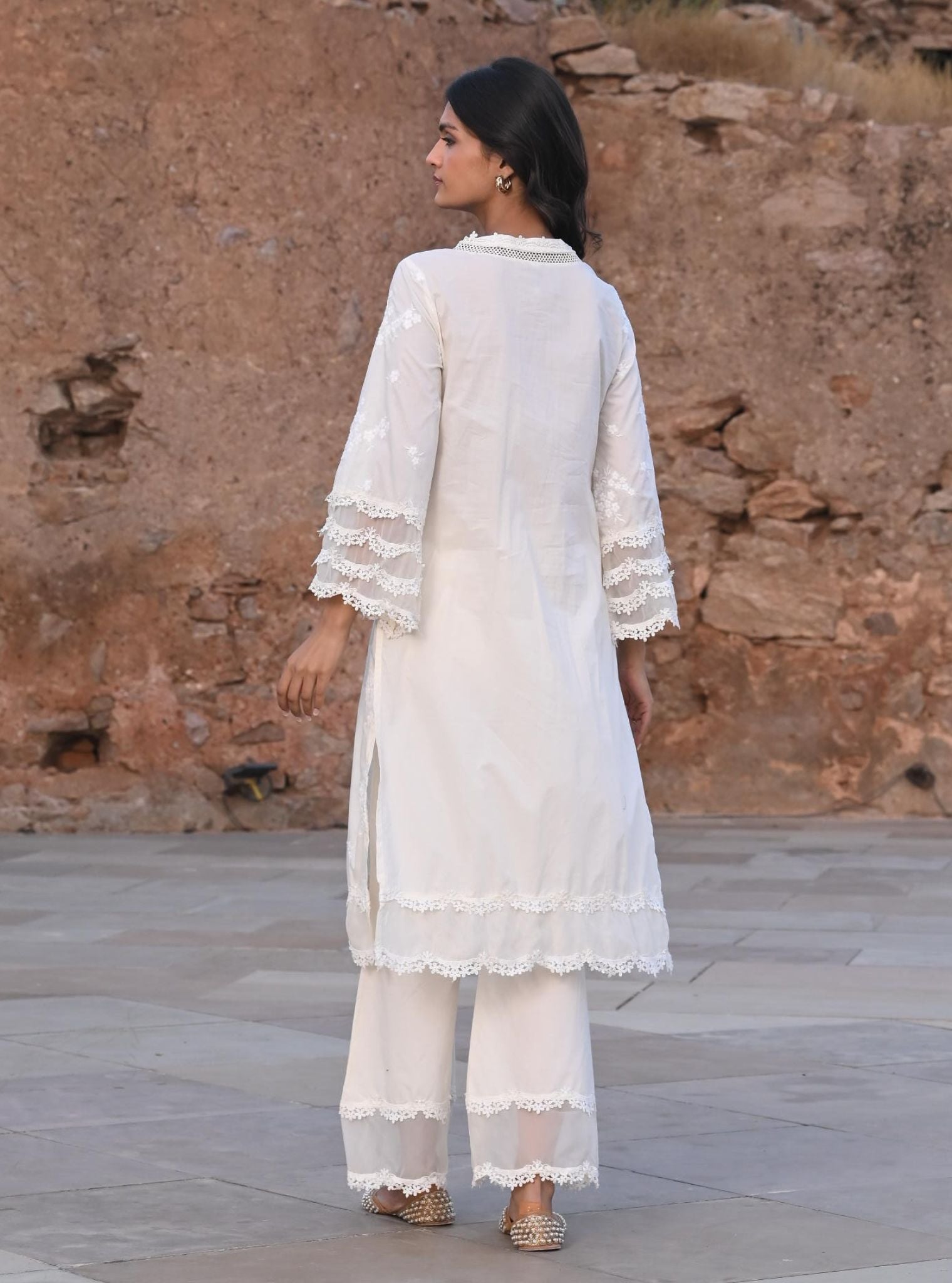 Mulmul Cotton Lola Off White Kurta With Lola Off White Palazzo