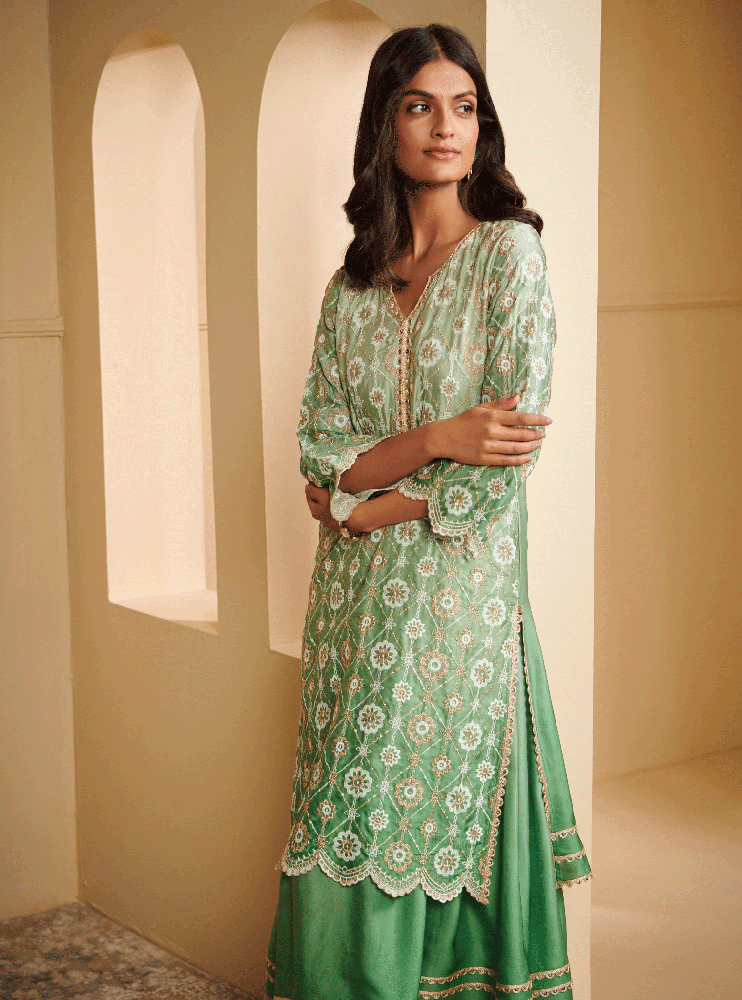 Mulmul Cupro Silk Avisa Green Kurta With Avisa Green Skirt