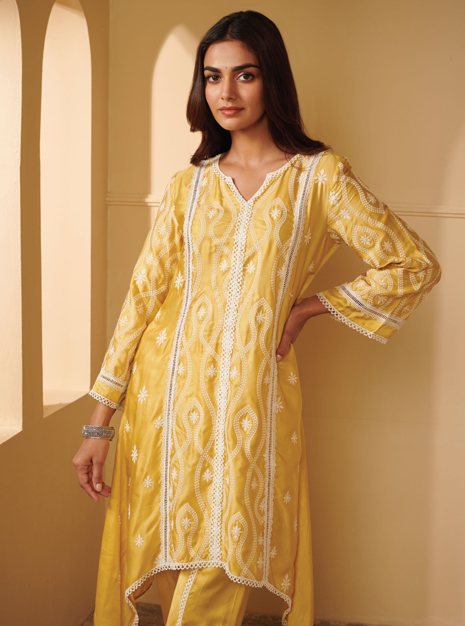 Mulmul Cupro Silk Semya Yellow Kurta With Semya Yellow Dhoti Pant