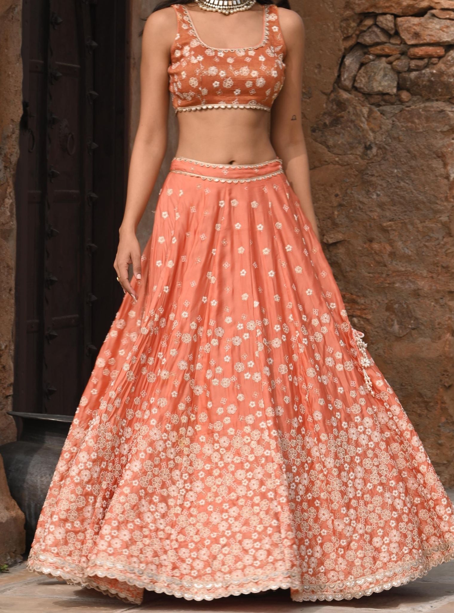 Mulmul Organza Satin Baliye Burnt Orange Lehenga