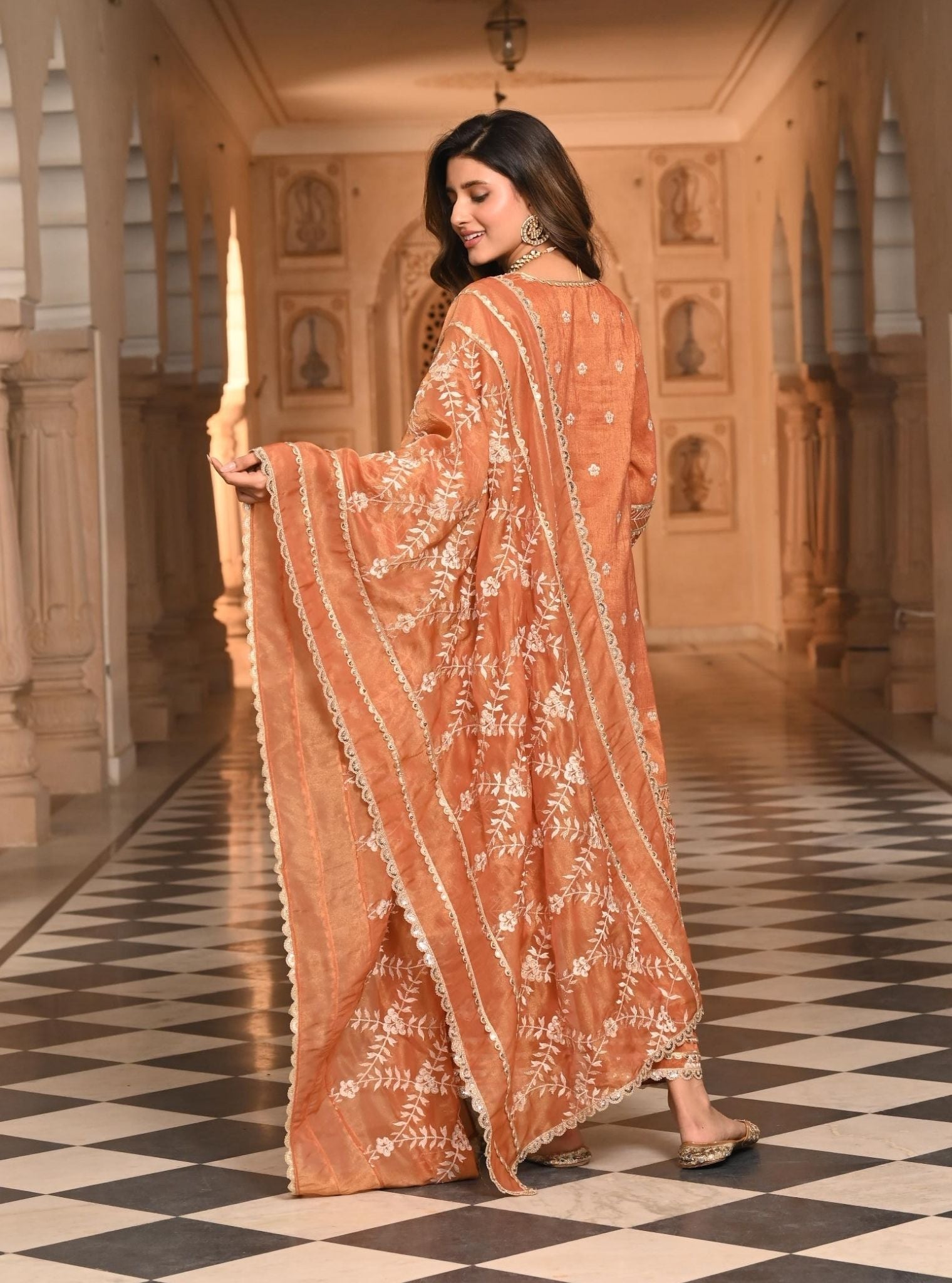 Mulmul Luxe Tissue Satin Sajni Burnt Orange Kurta with Mulmul Luxe Tissue Satin Sajni Burnt Orange Pant