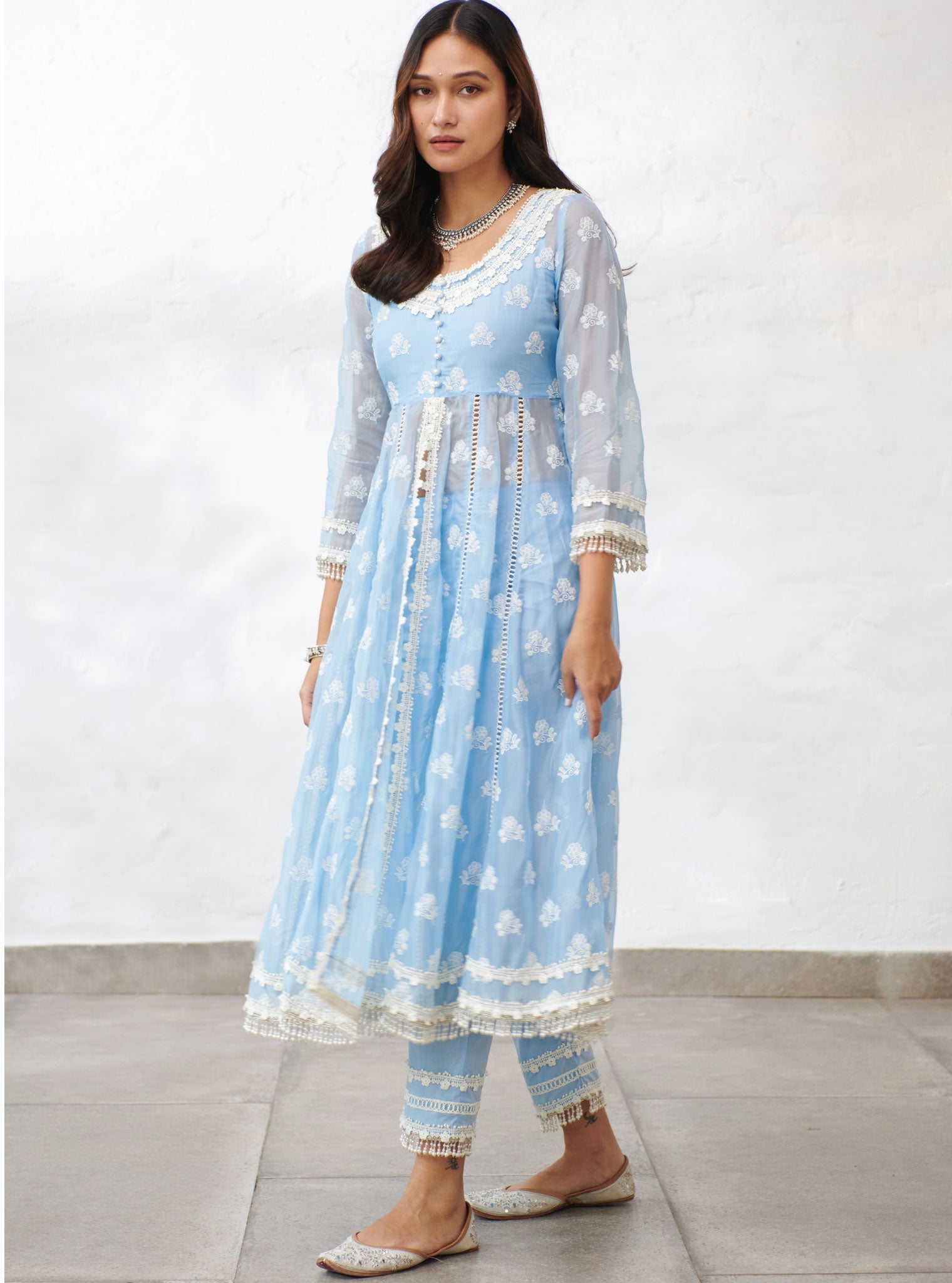 Mulmul Organza Somerset Blue Anarkali Kurta With Cotton Somerset Blue Pant