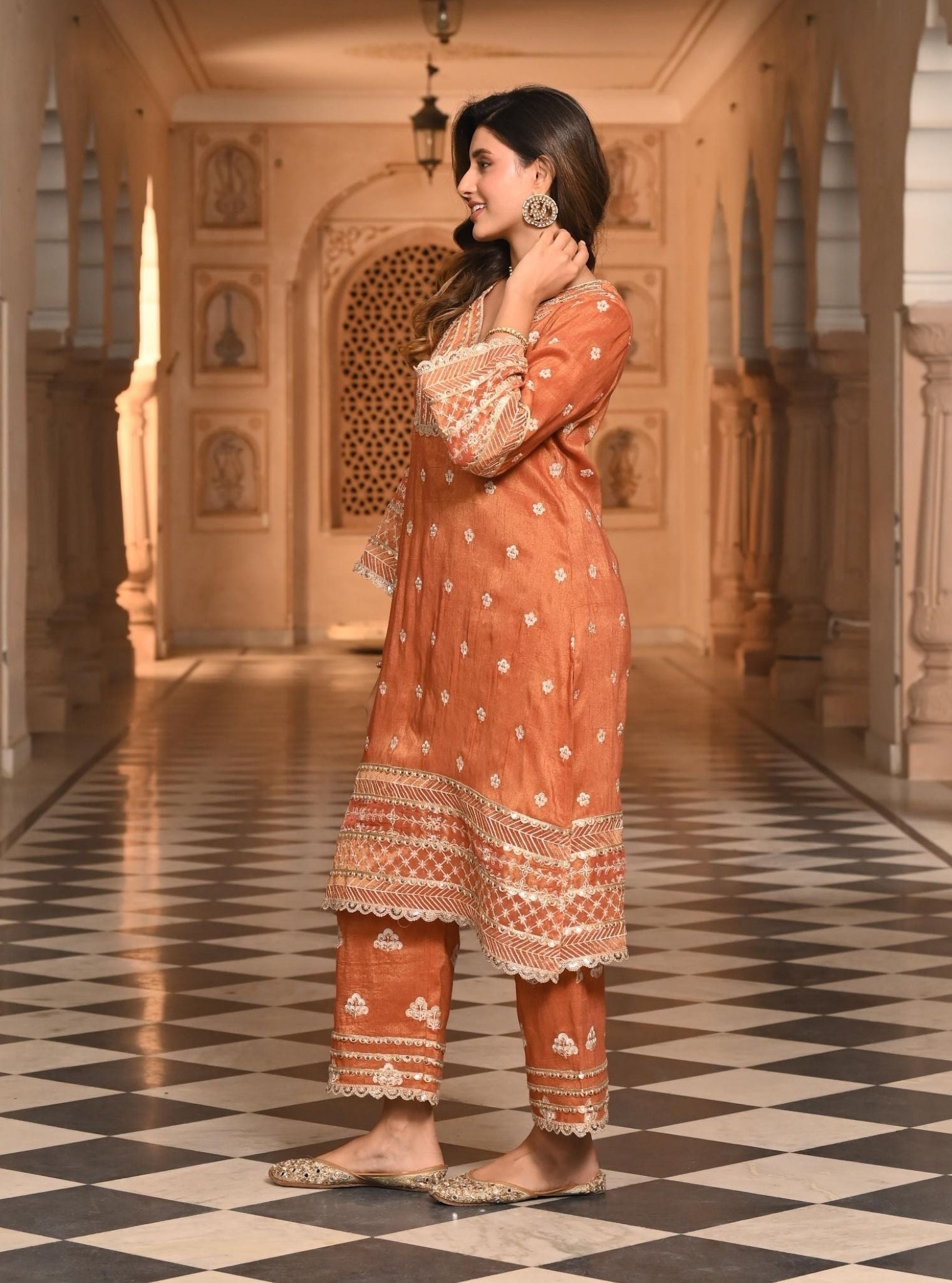 Mulmul Luxe Tissue Satin Sajni Burnt Orange Kurta with Mulmul Luxe Tissue Satin Sajni Burnt Orange Pant