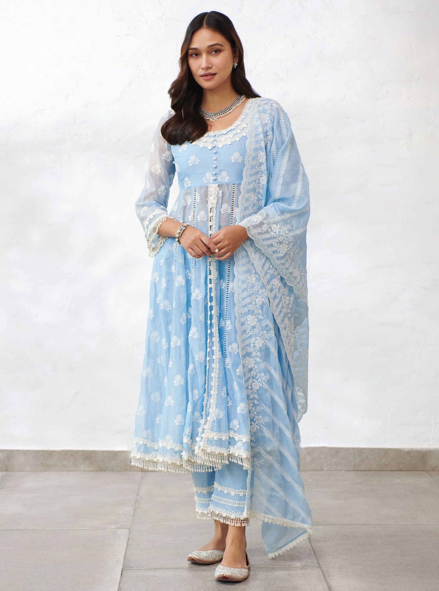 Mulmul Organza Somerset Blue Anarkali Kurta With Cotton Somerset Blue Pant