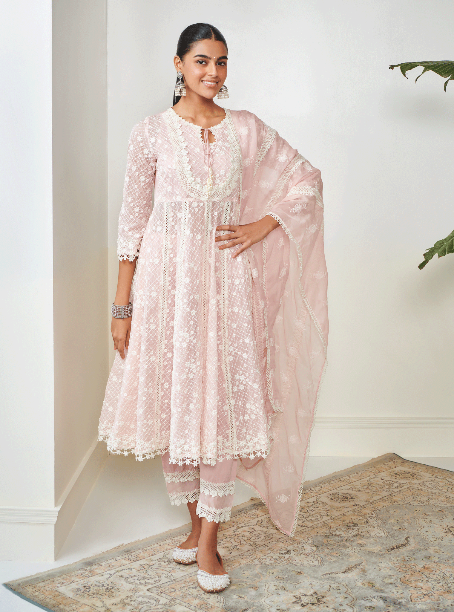 Mulmul Organza Zola Anarkali Pink Kurta With Mulmul Cotton Zola Pink Pant