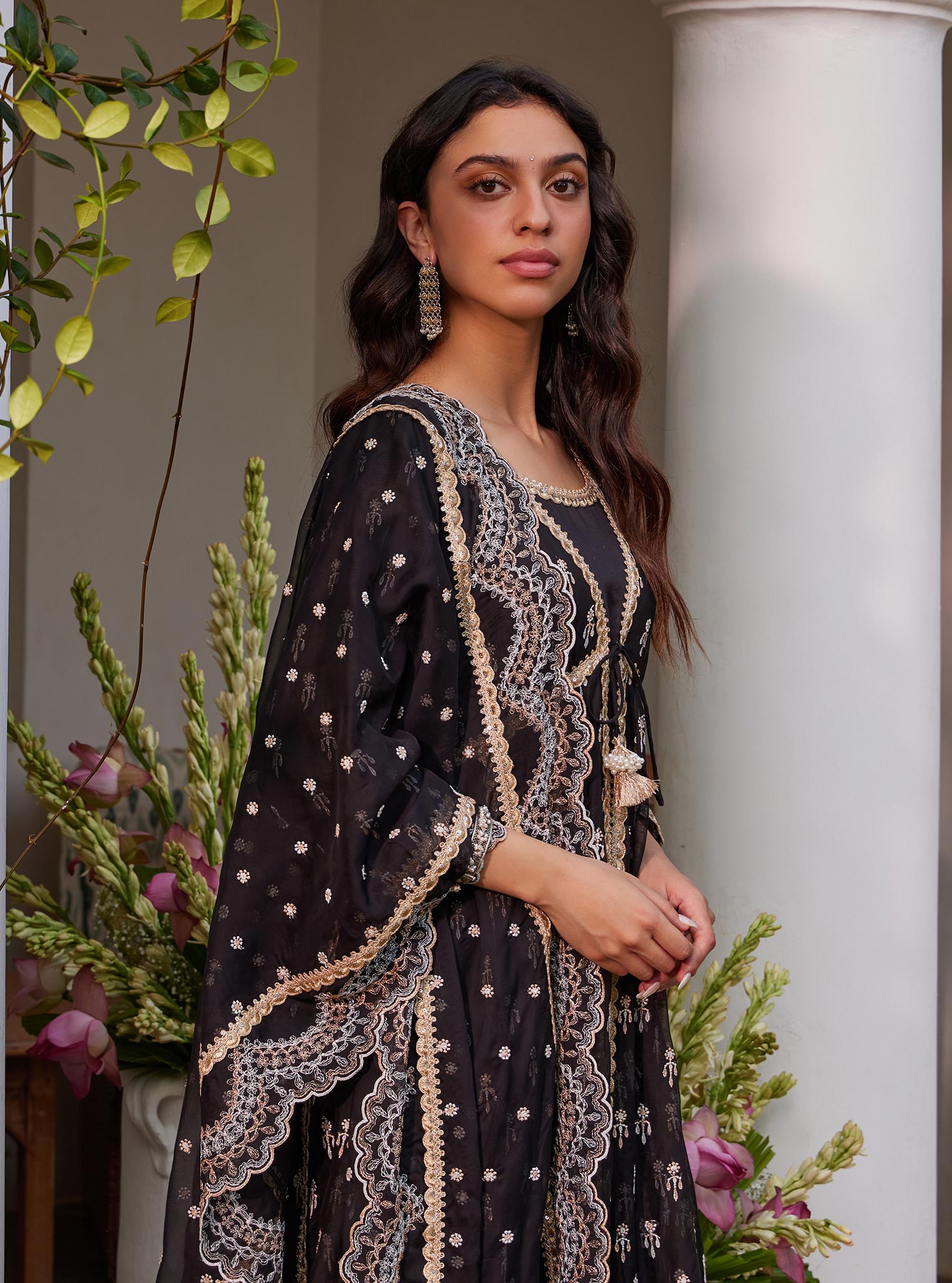 Mulmul Organza Samici Black Anarkali Kurta With Mulmul Pima Samici Black Pant