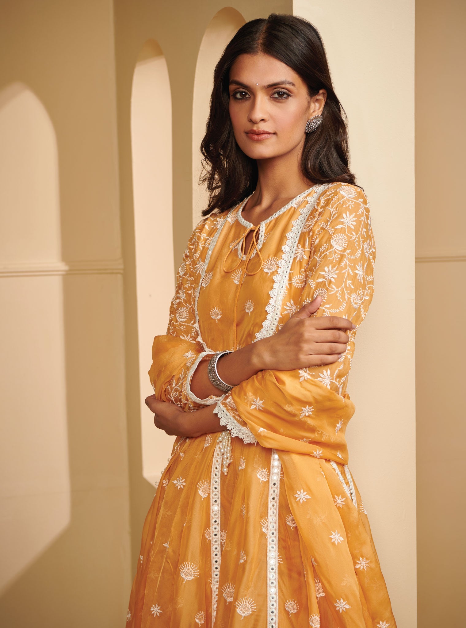 Mulmul Organza Prasatti Anarkali Mango Kurta With Mulmul Pima Satin Prasatti Mango pant