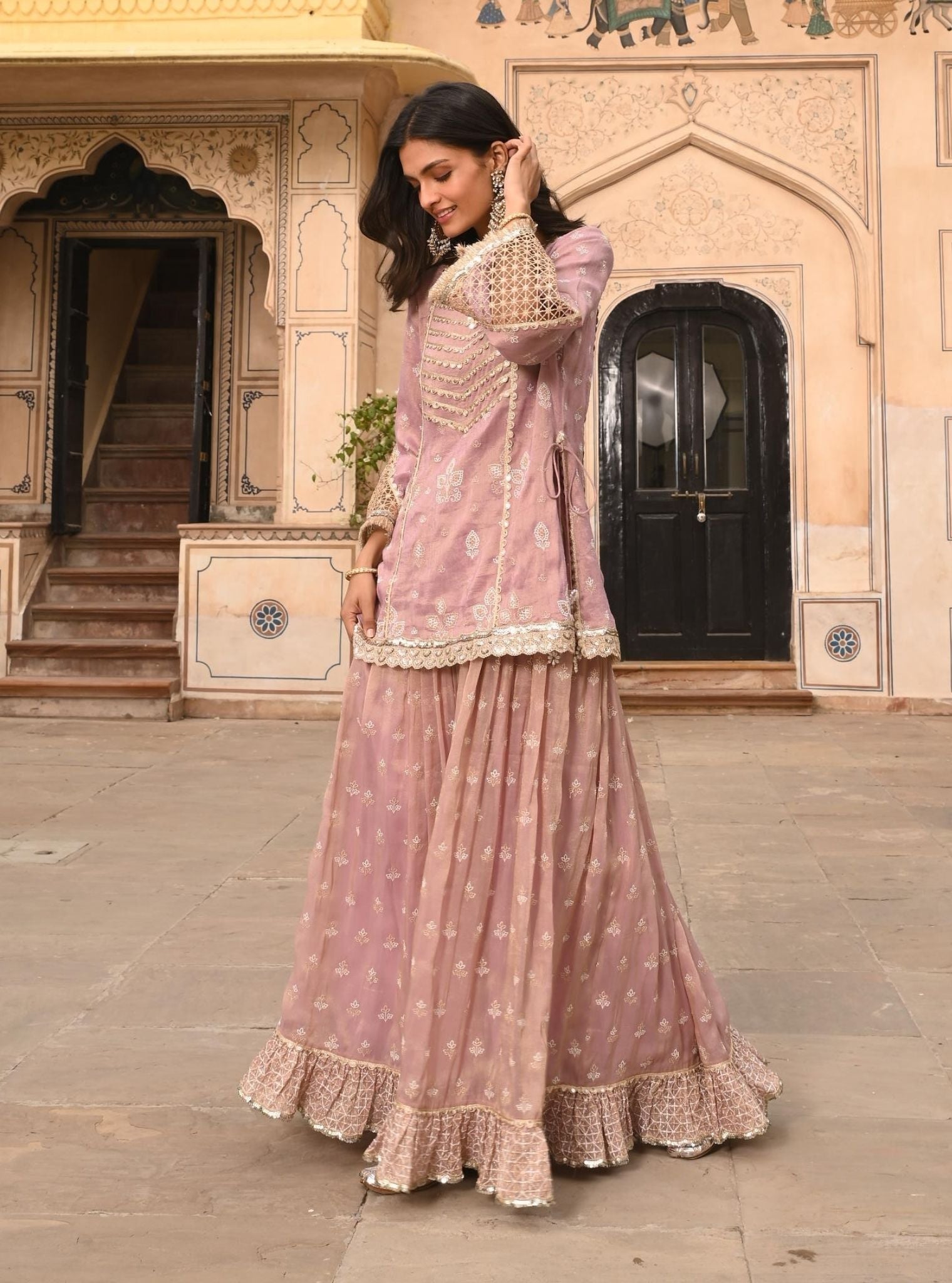 Mulmul Luxe Tissue Satin Lamhe Lilac Kurta with Mulmul Luxe Tissue Lamhe Lilac Skirt