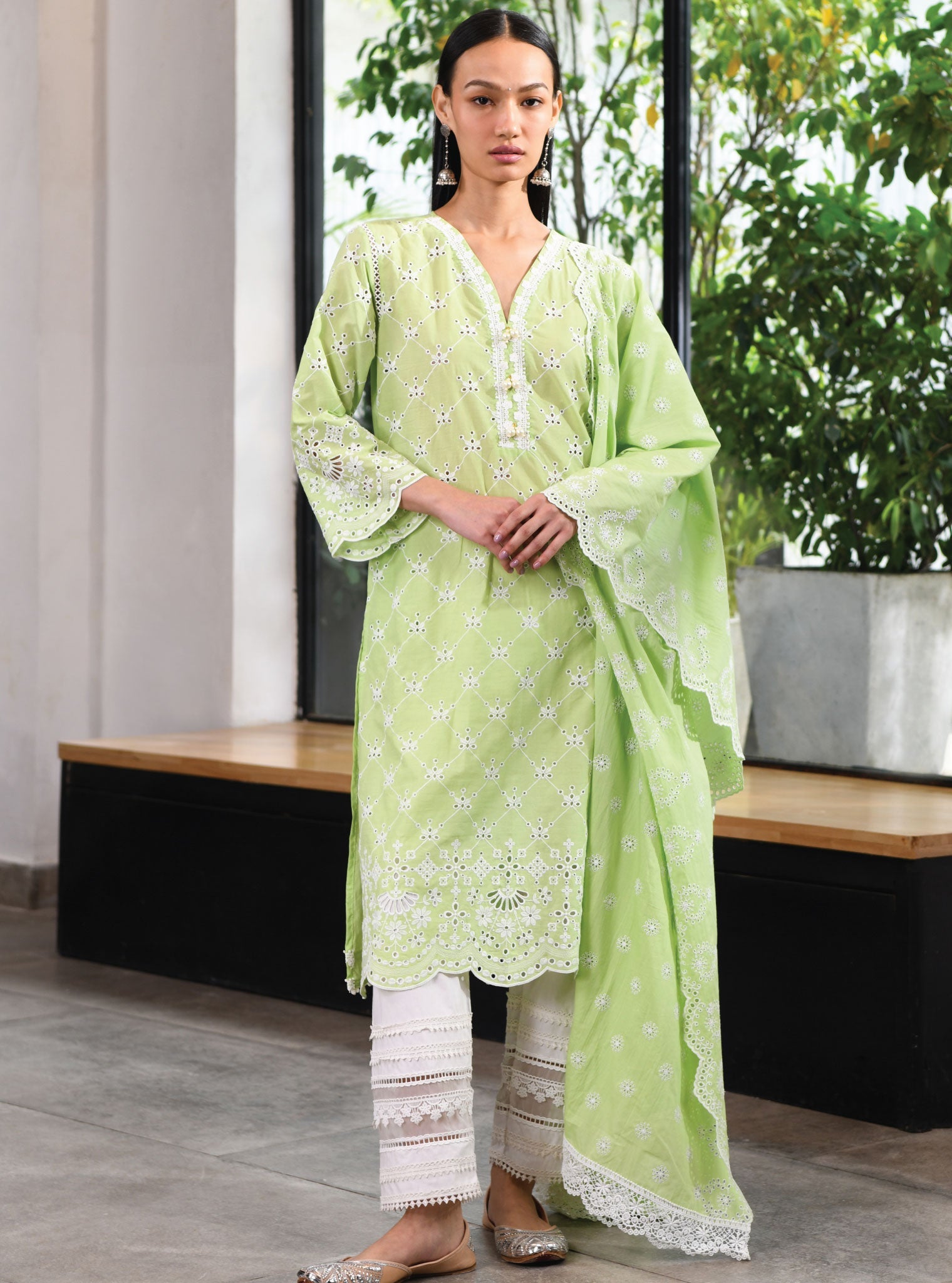 Mulmul Cotton Perth Green Kurta With Multi Lace Slim White Pant