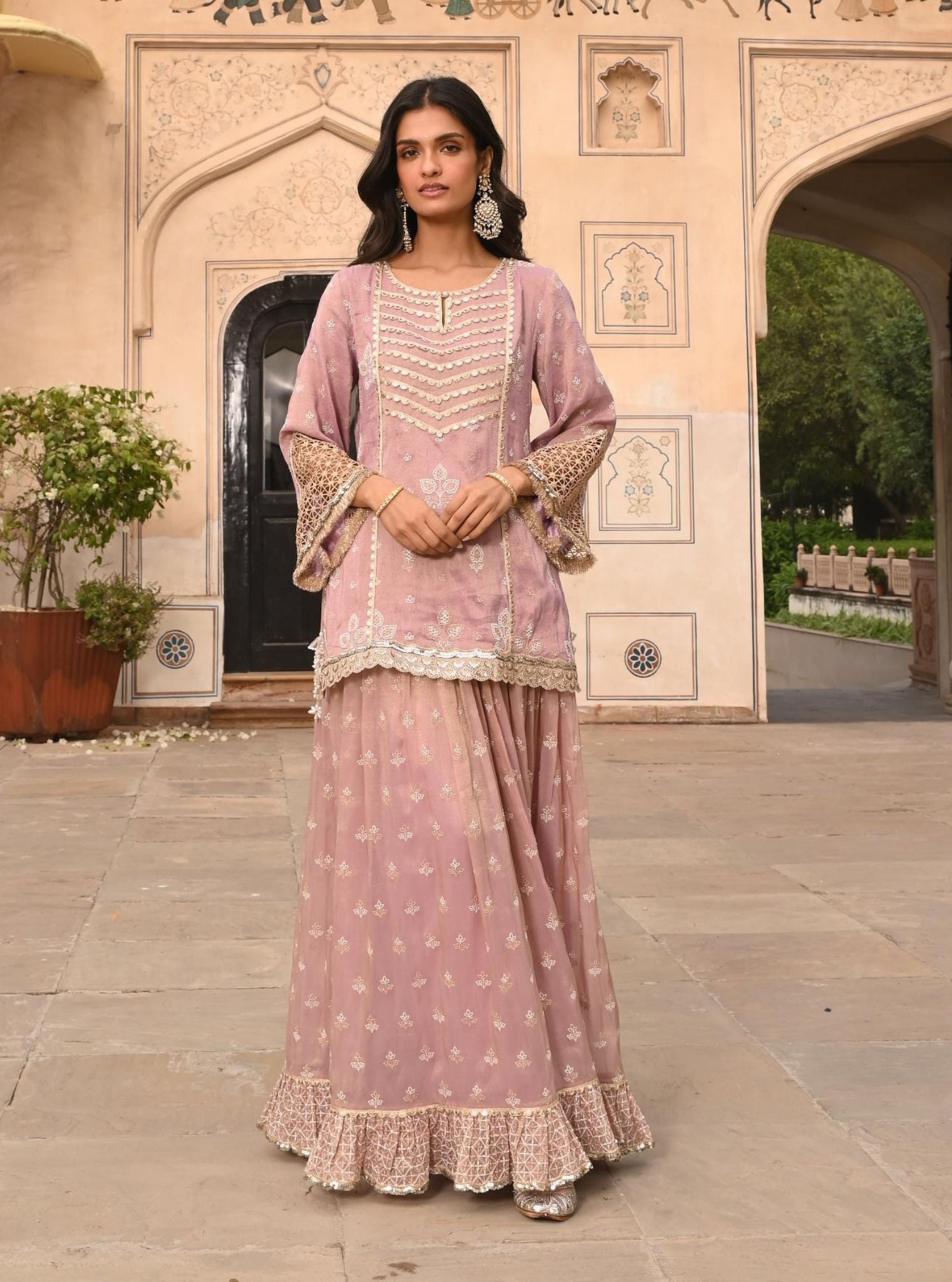 Mulmul Luxe Tissue Satin Lamhe Lilac Kurta with Mulmul Luxe Tissue Lamhe Lilac Skirt