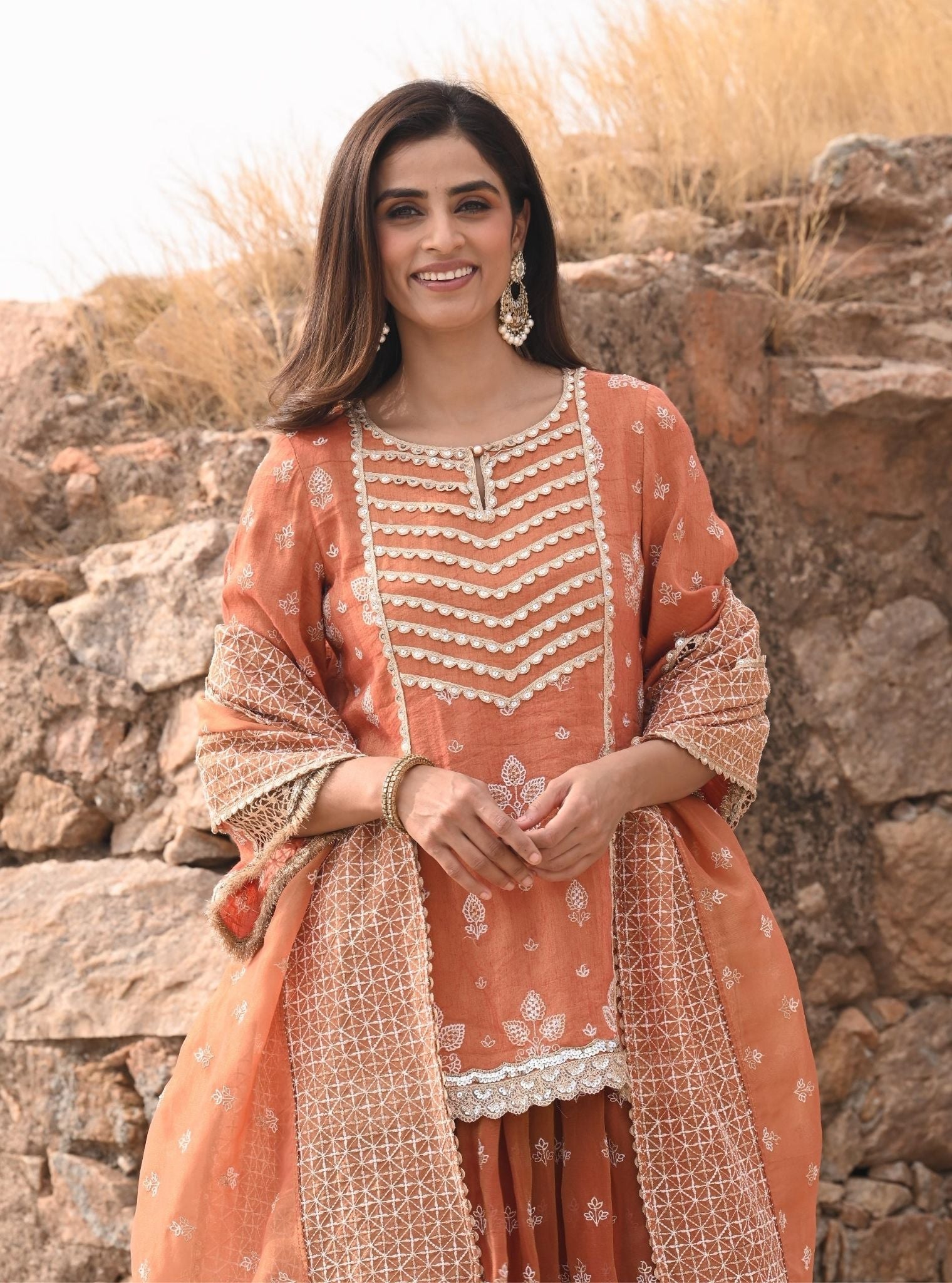 Mulmul Luxe Tissue Satin Lamhe Burnt Orange Kurta with Mulmul Luxe Tissue Lamhe Burnt Orange Skirt