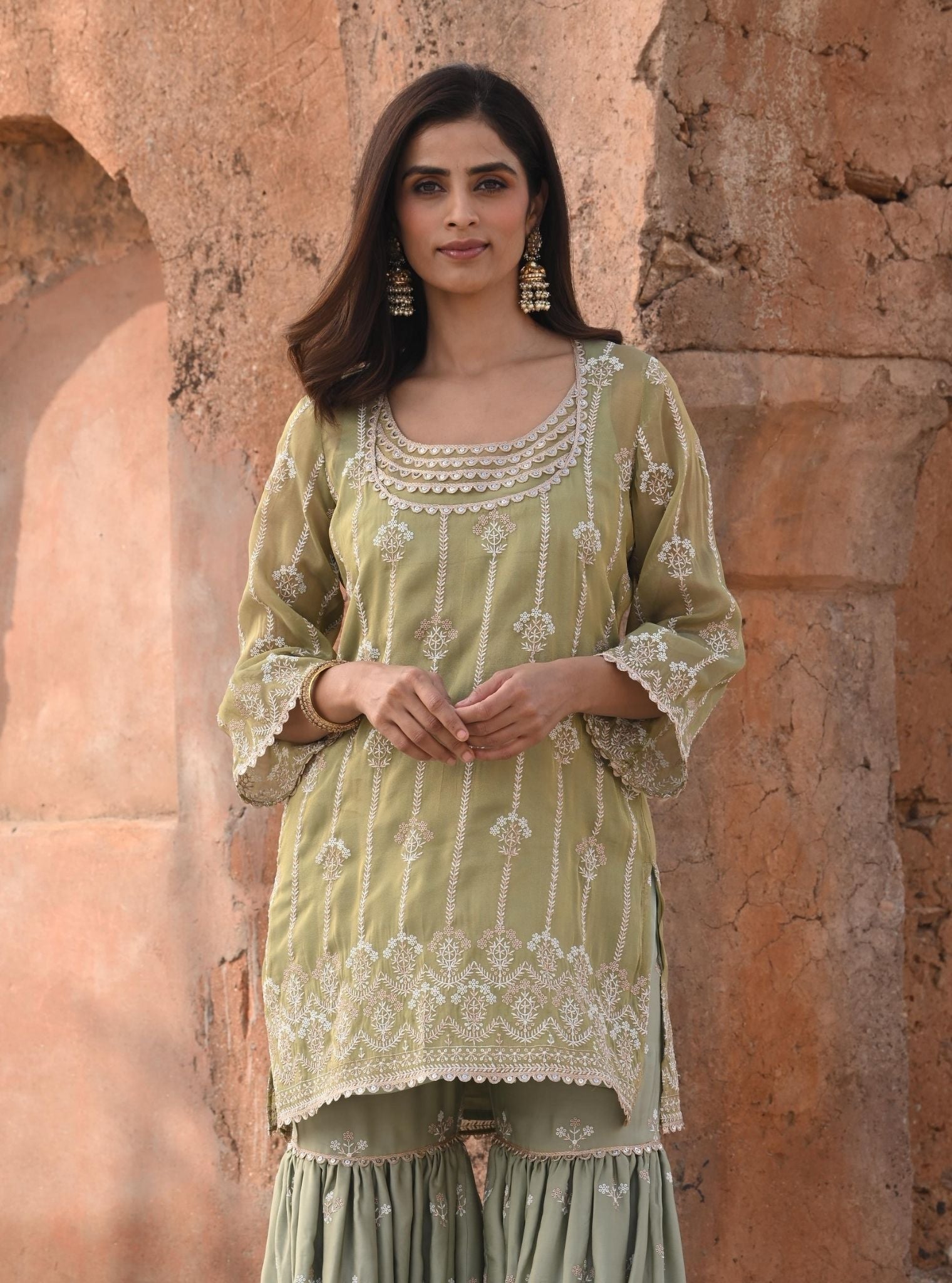 Mulmul Luxe Tissue Heer Sage Green Kurta with Mulmul Organza Satin Heer Sage Green Garara