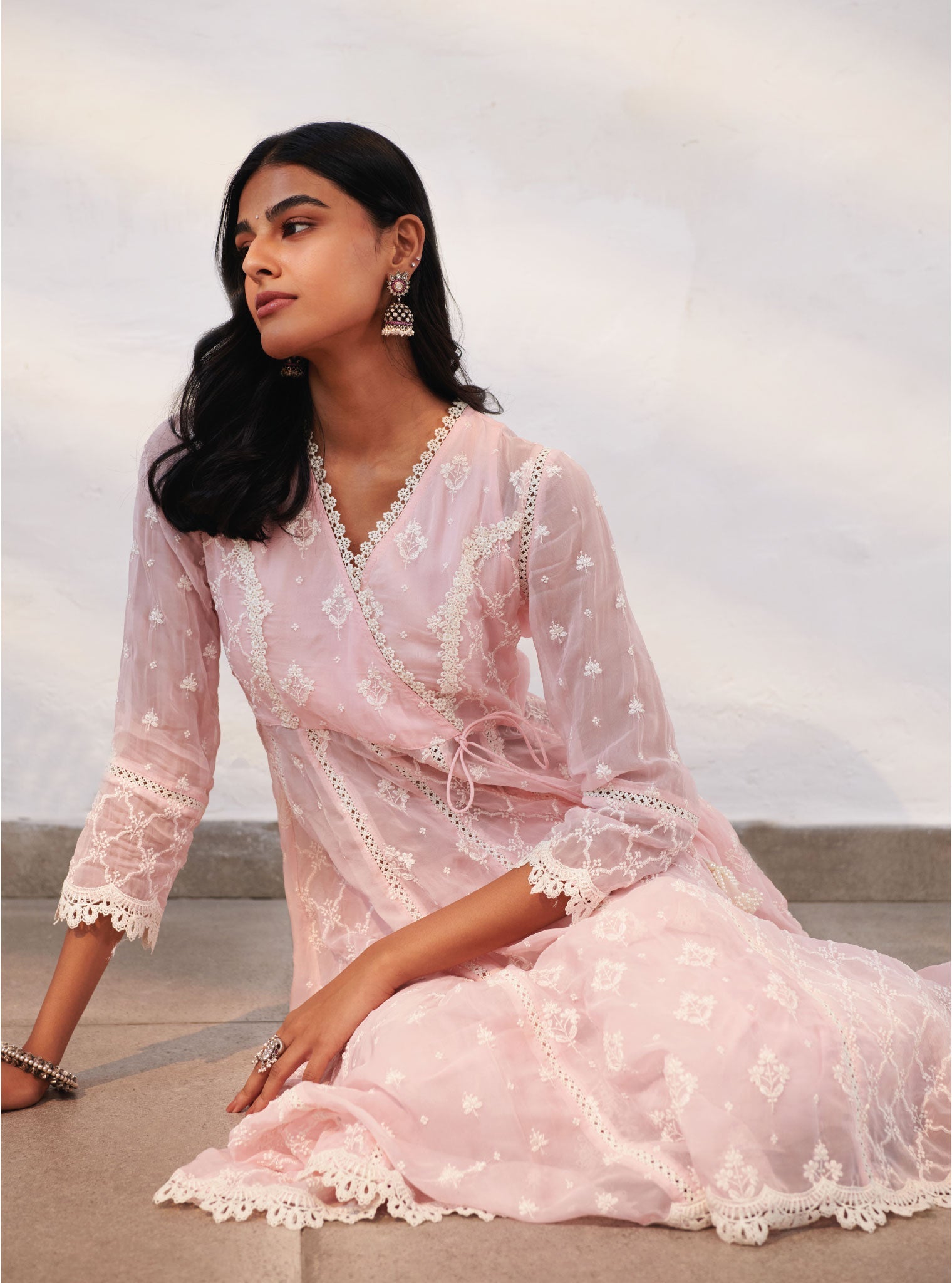 Mulmul Organza Morey Pink Anarkali Kurta With Cotton Morey Pink Pant