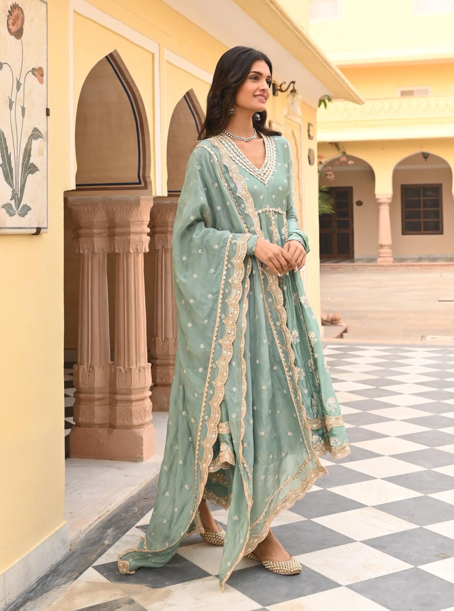 Mulmul Organza Satin Tareefan Teal Blue Anarkali Kurta with Mulmul Modal Satin Tareefan Teal Blue Pant