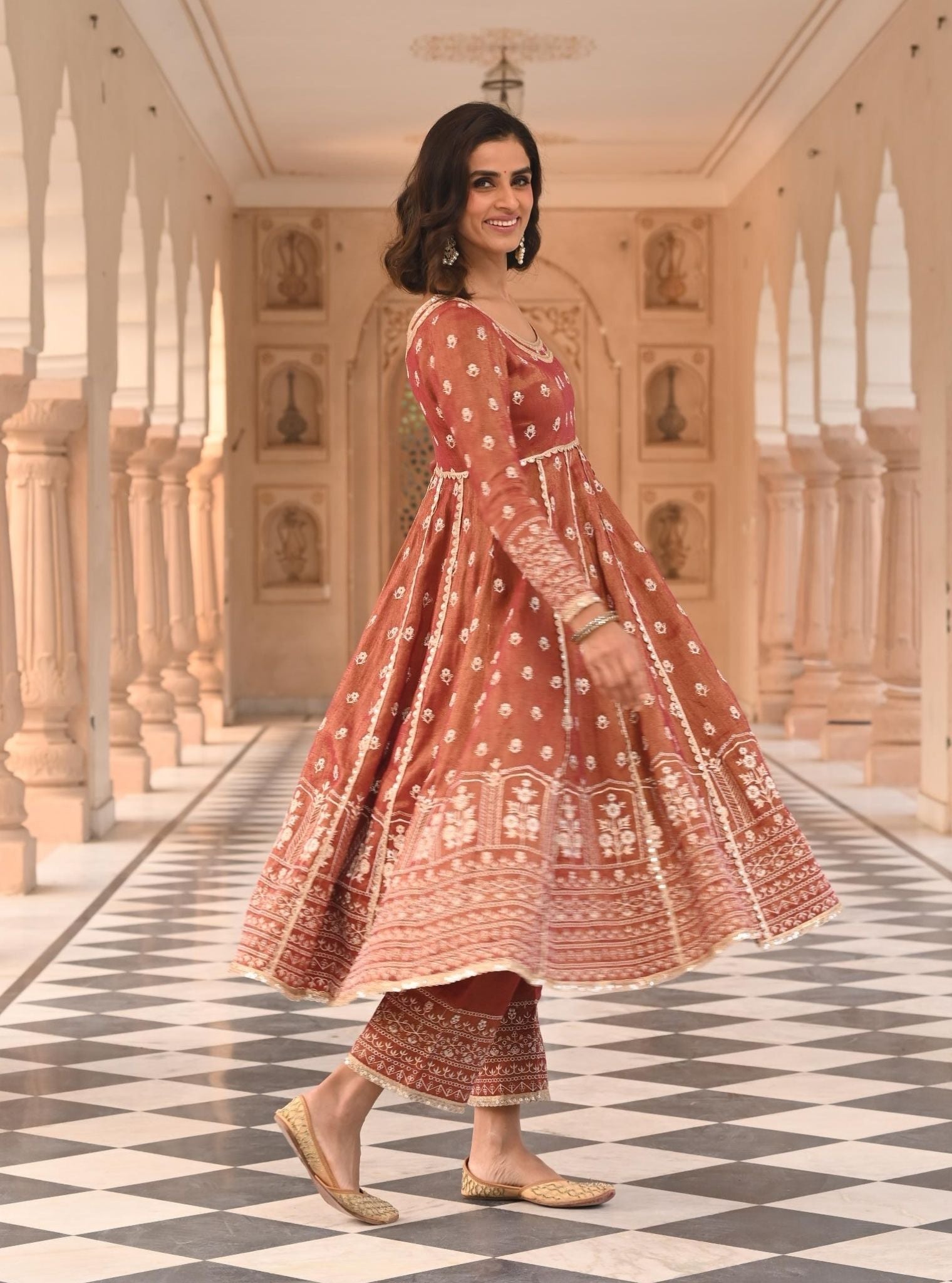 Mulmul Luxe Tissue Satin Mastani Red Anarkali Kurta with Mulmul Tissue Satin Mastani Red Pant