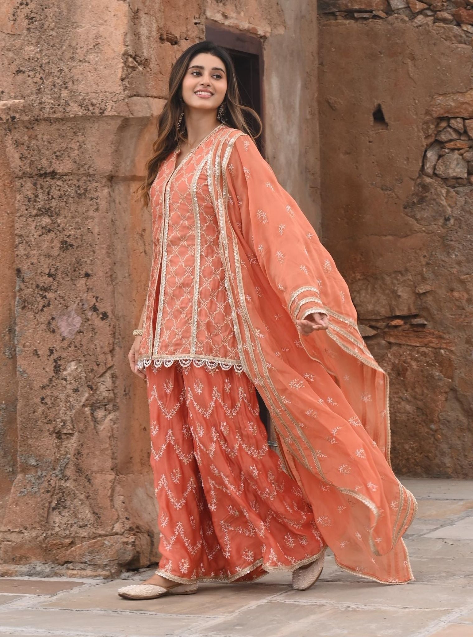 Mulmul Organza Satin Ainah Burnt Orange Kurta with Mulmul Organza Satin Ainah Burnt Orange Sharara