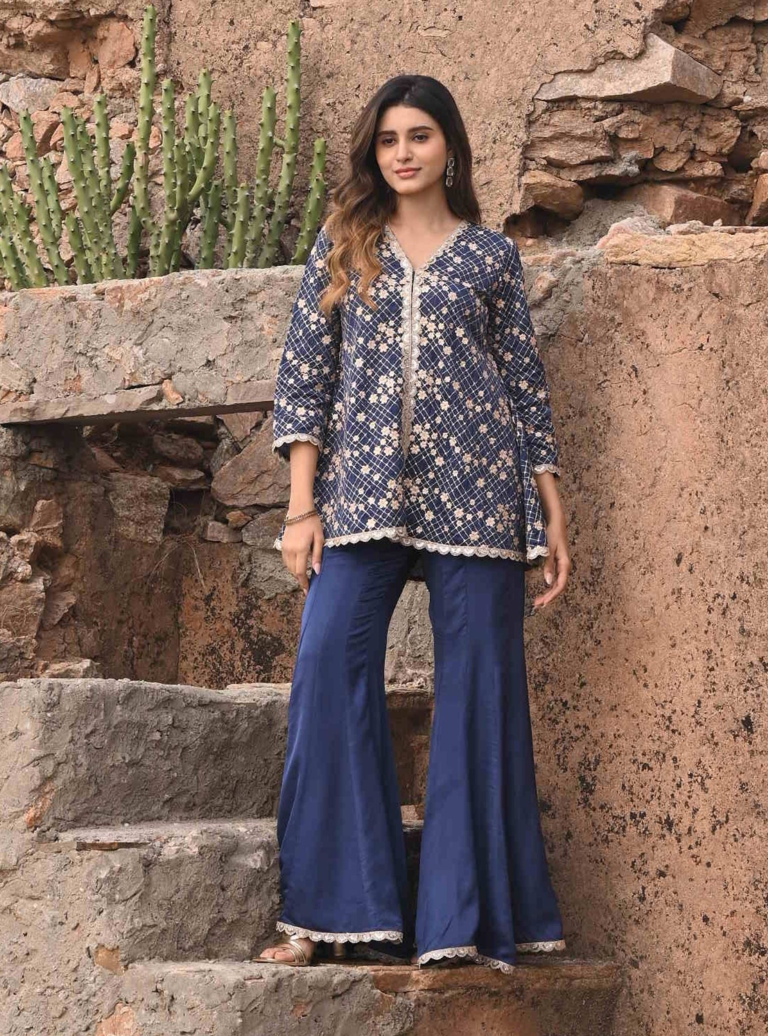 Mulmul Organza Satin Afreen Navy Top with Mulmul Modal Satin Afreen Navy Sharara