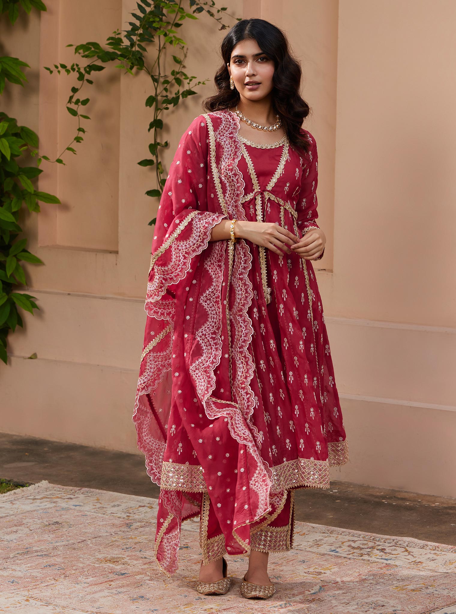 Mulmul Organza Samici Red Anarkali Kurta With Mulmul Pima Samici Red Pant